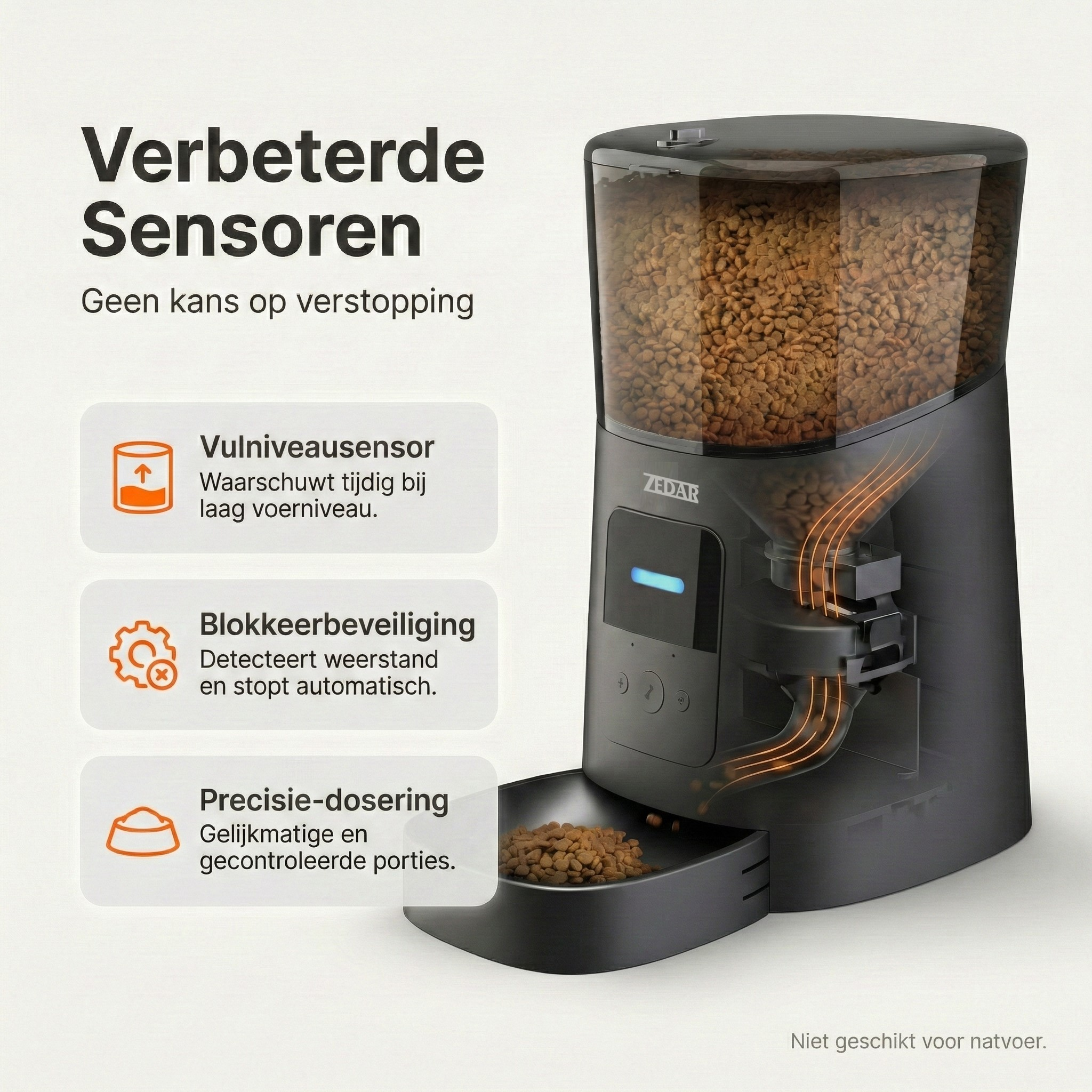 Een automatische voerbak met sensoren, vol voer, getoond met functies.