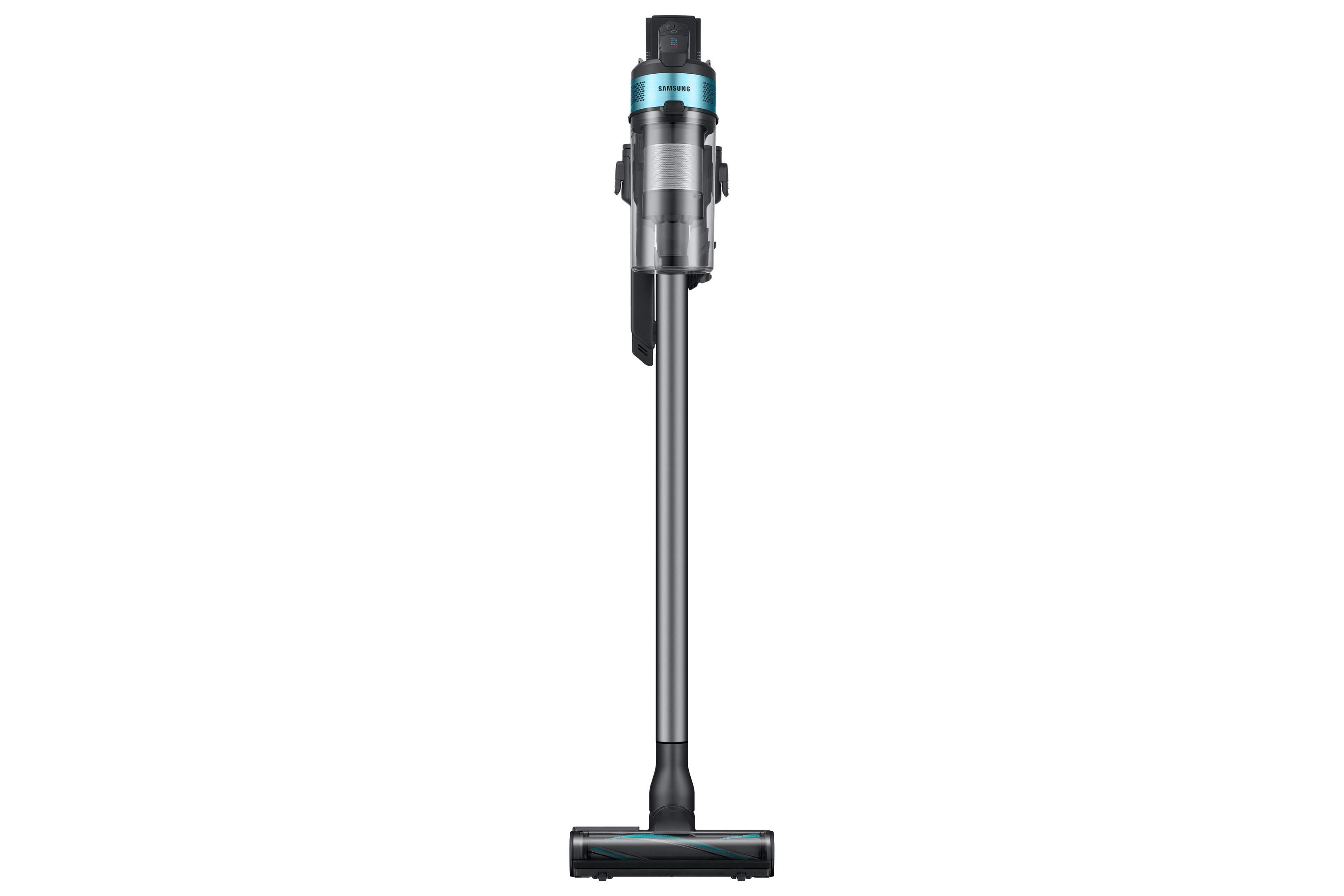 Zielono-niebieski odkurzacz bezprzewodowy Samsung na białym tle.