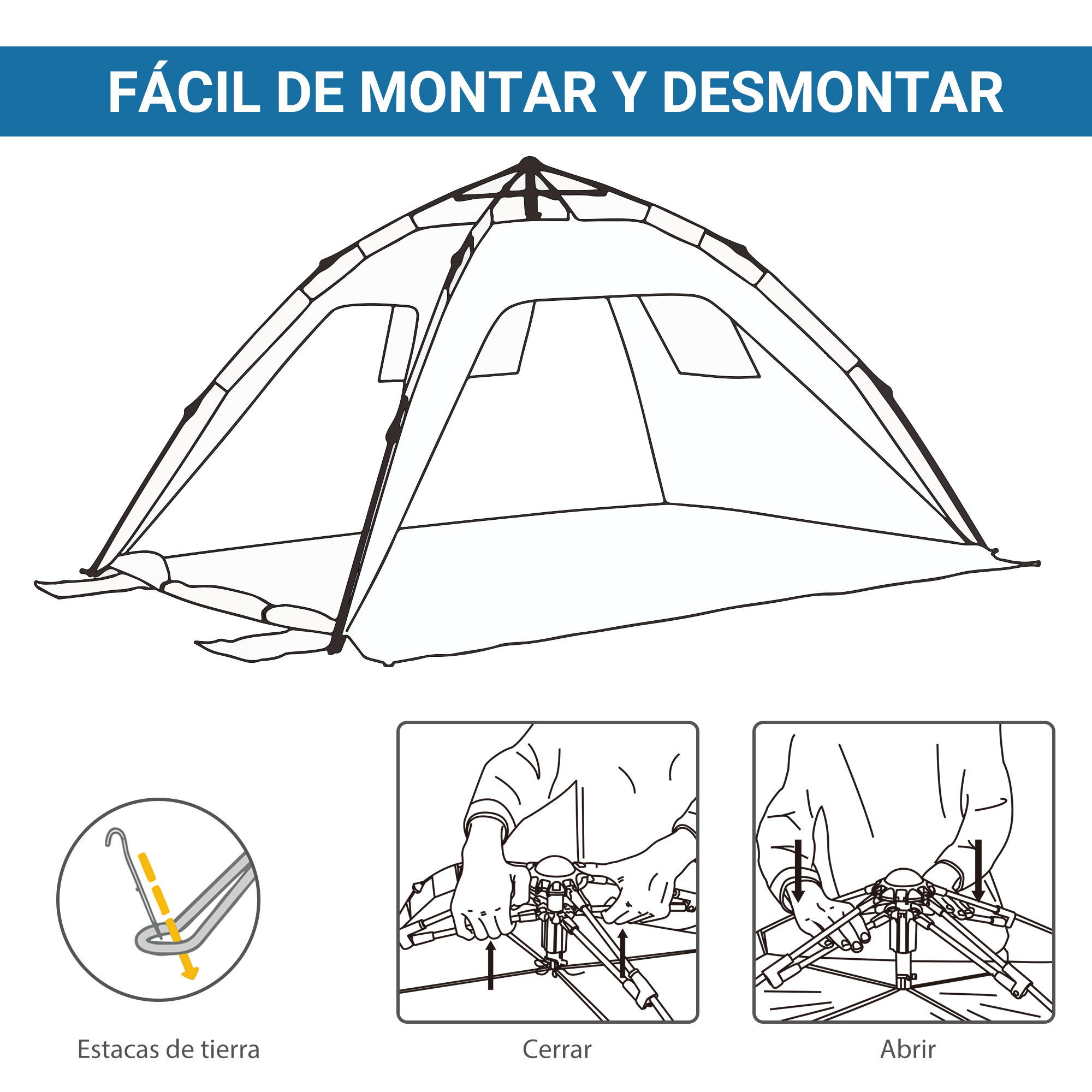 Ilustraciones de montaje y desmontaje de una tienda, con primeros planos de estacas y montaje.
