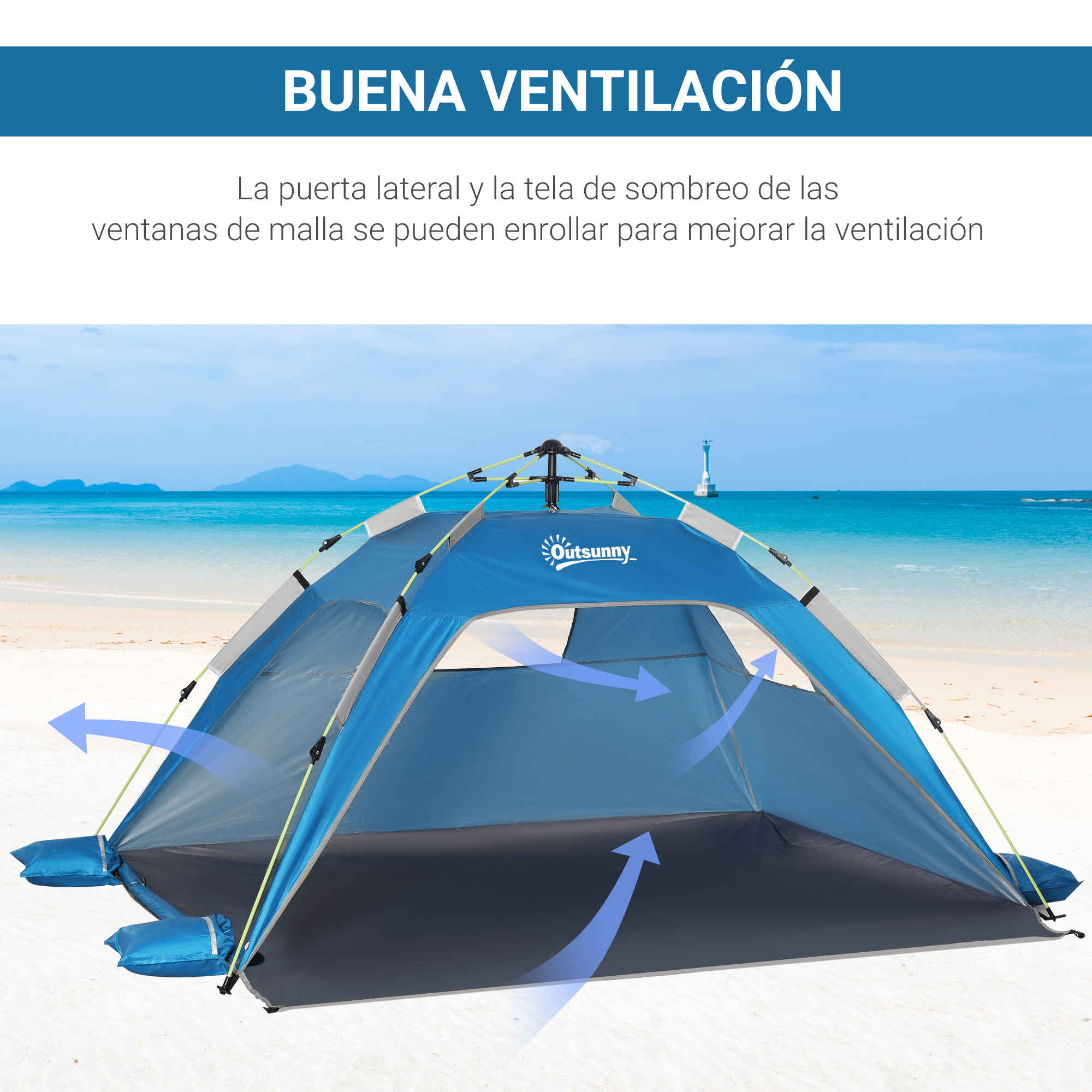 Tienda azul en la playa frente al mar. Flechas de aire indican ventilación.
