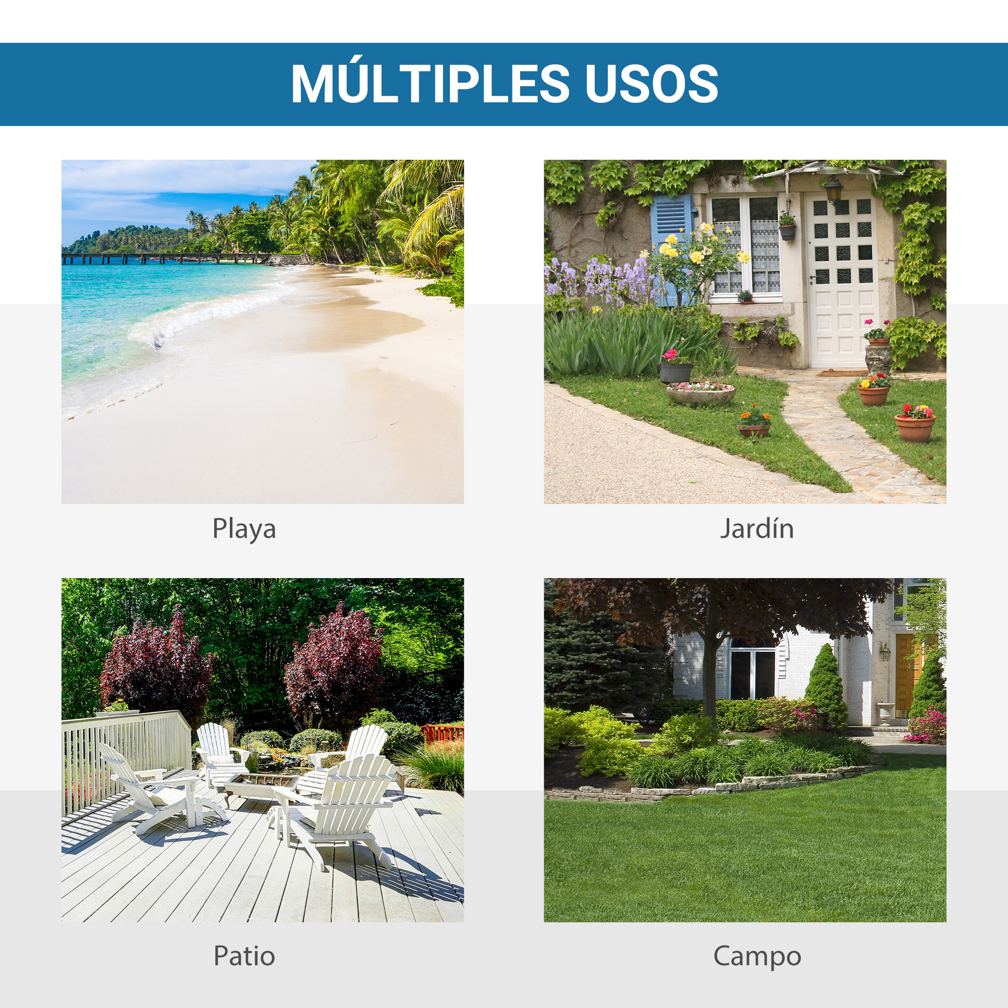 Cuatro imágenes muestran diferentes áreas exteriores: playa, jardín, patio y césped.