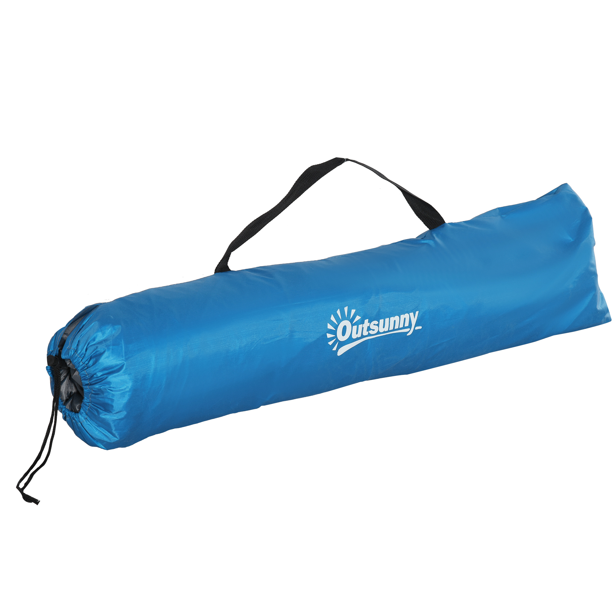 Una bolsa de transporte azul con asa negra y cordón, logo en el lateral.