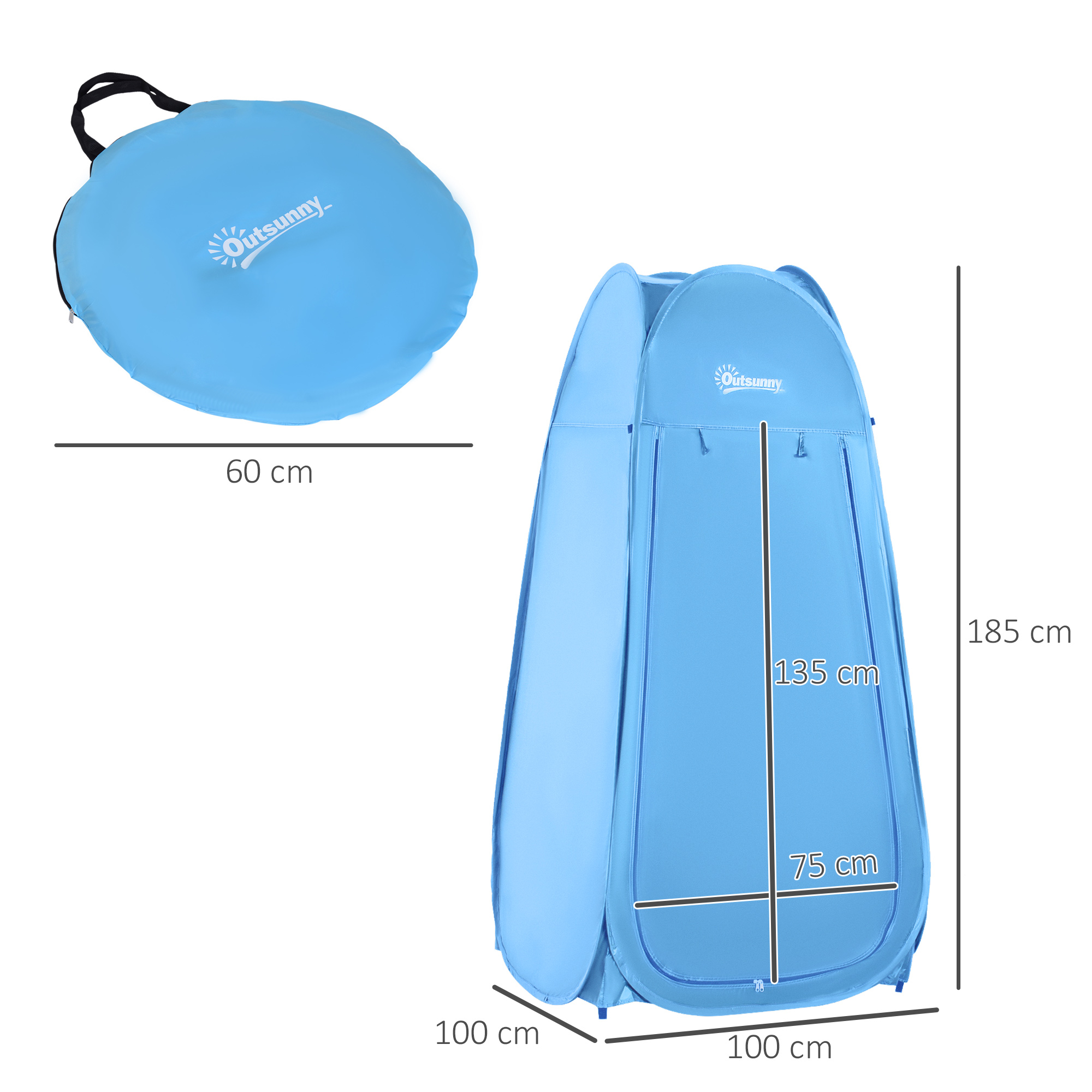 Una carpa desplegable azul, mostrada plegada y abierta, con dimensiones.