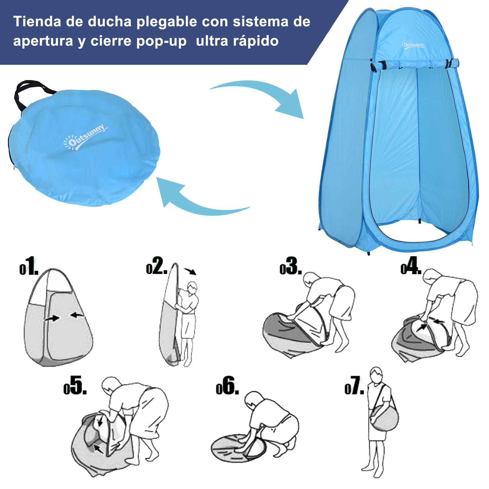 Tienda de ducha pop-up azul, mostrada abierta y plegada, con instrucciones.