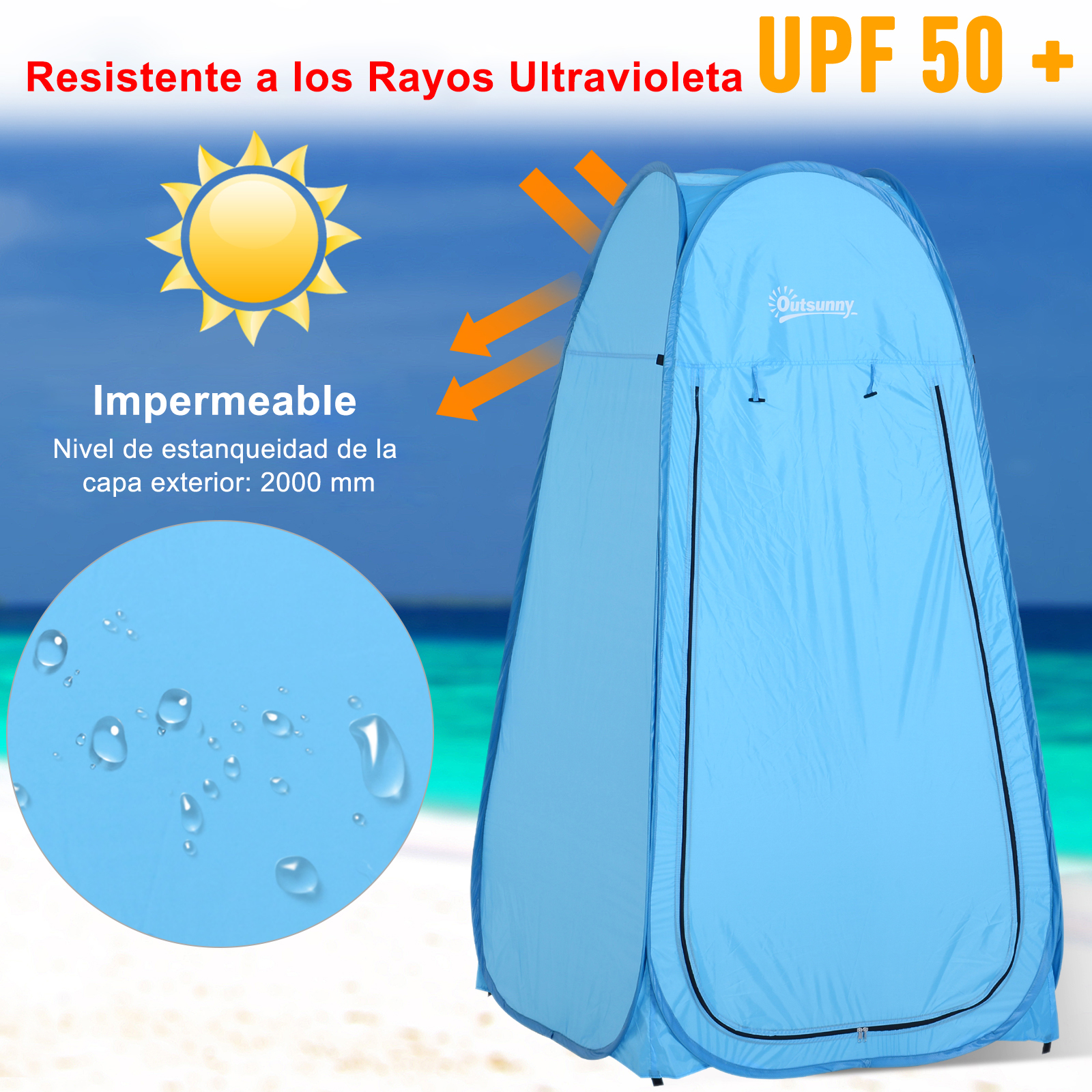 Una carpa azul claro en la playa, protege del sol y el agua.