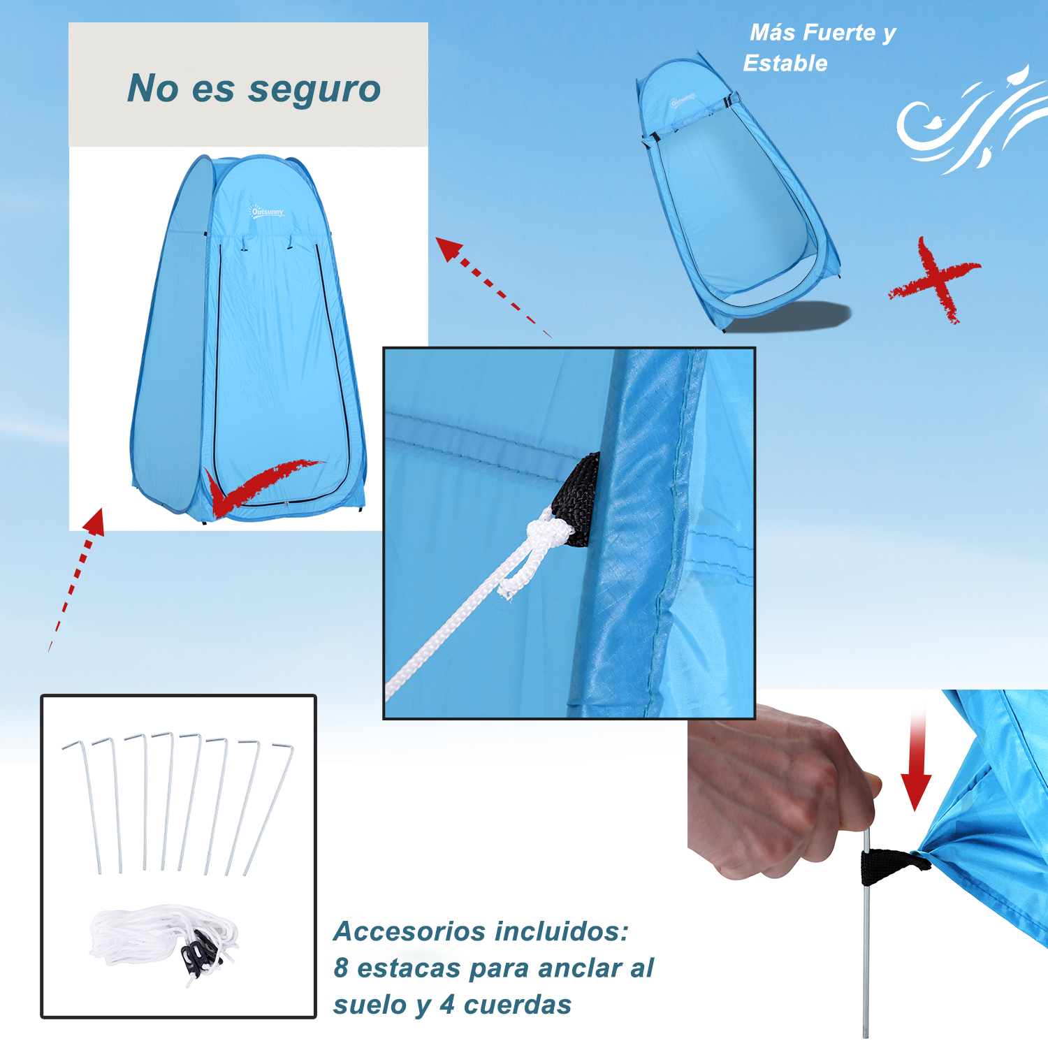 Tienda pop-up azul con accesorios: piquetas y cuerdas. Se enfatiza la estabilidad.