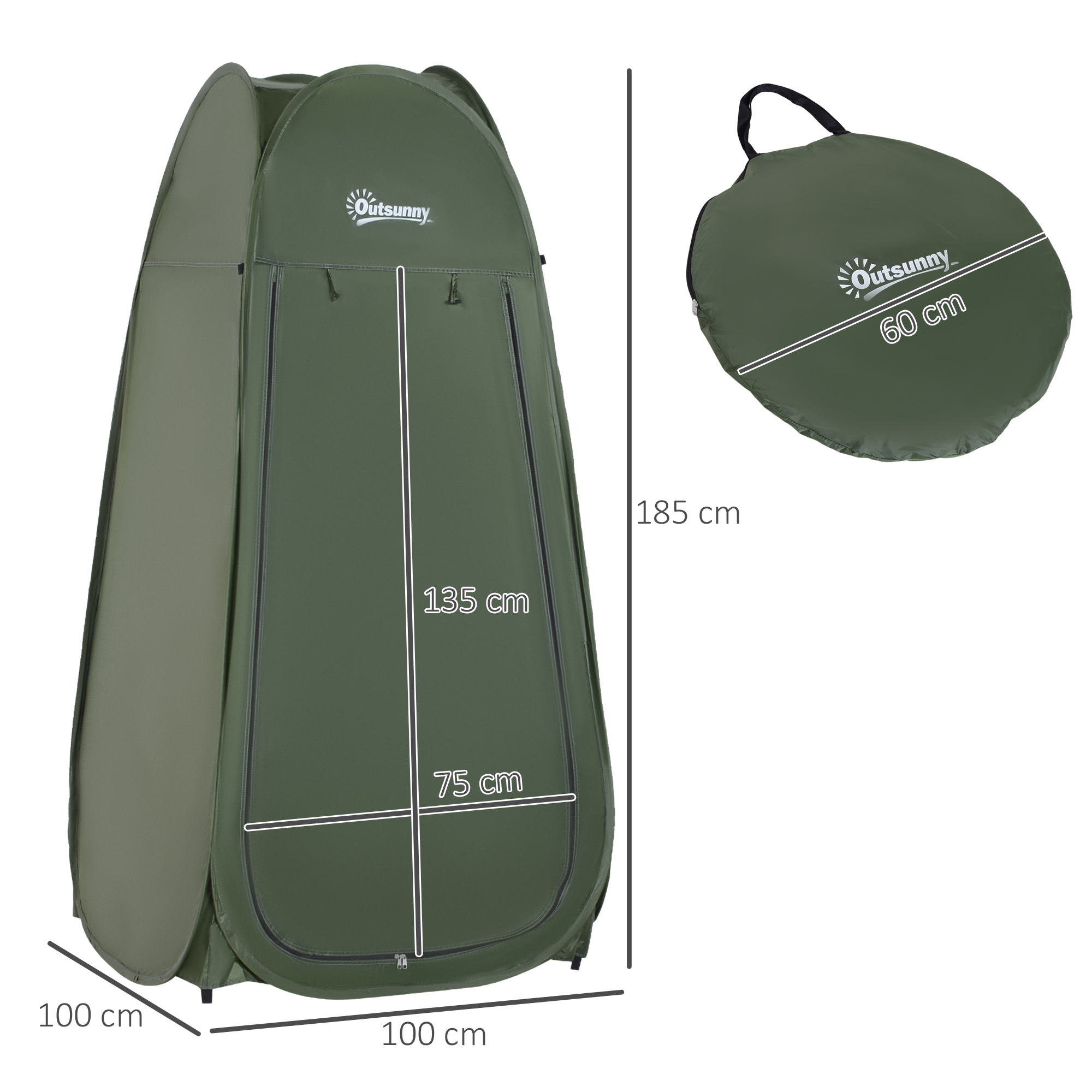 Una carpa verde plegable con dimensiones y una carpa plegada al lado.