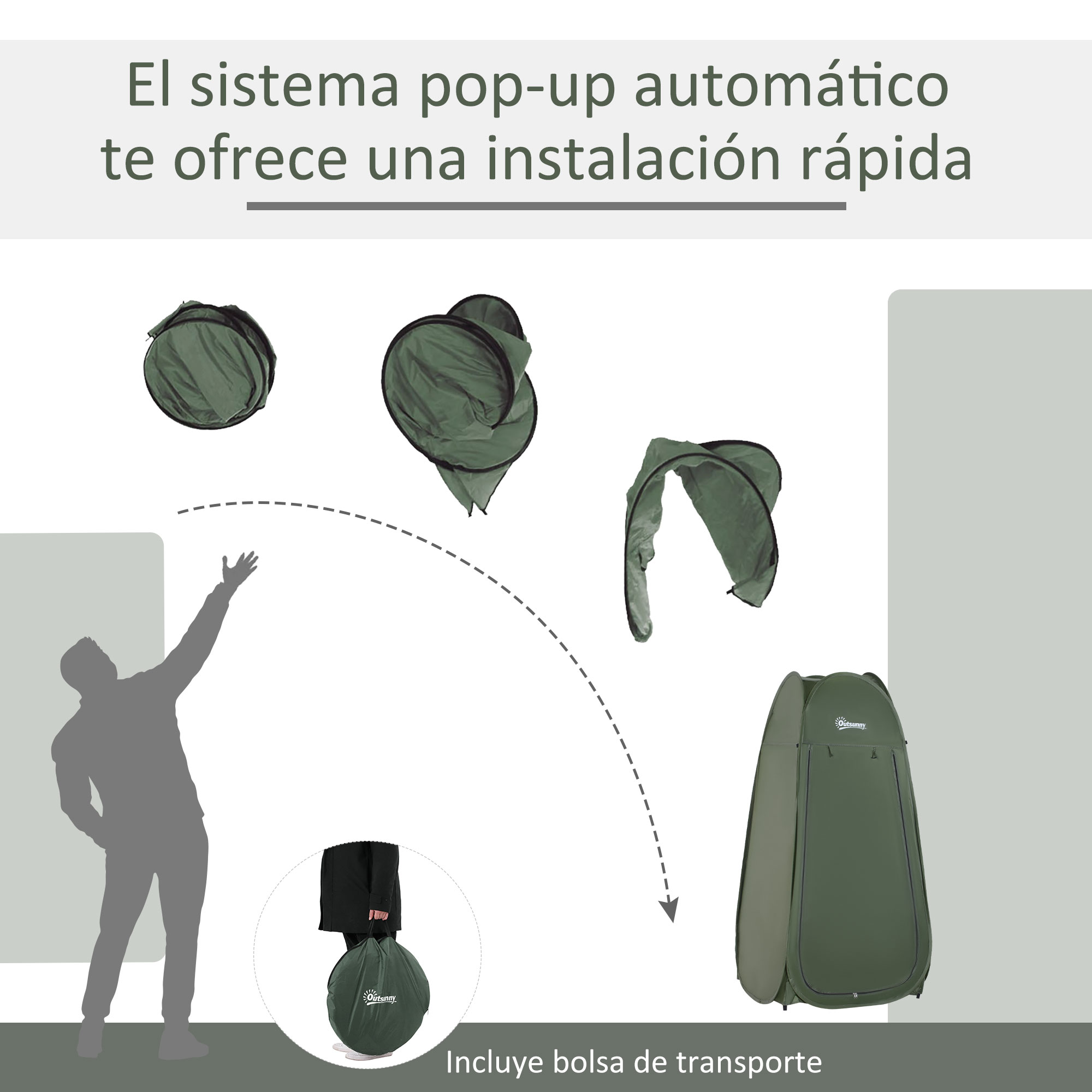 Un hombre lanza una tienda de campaña emergente verde. Está plegada y viene en una bolsa.