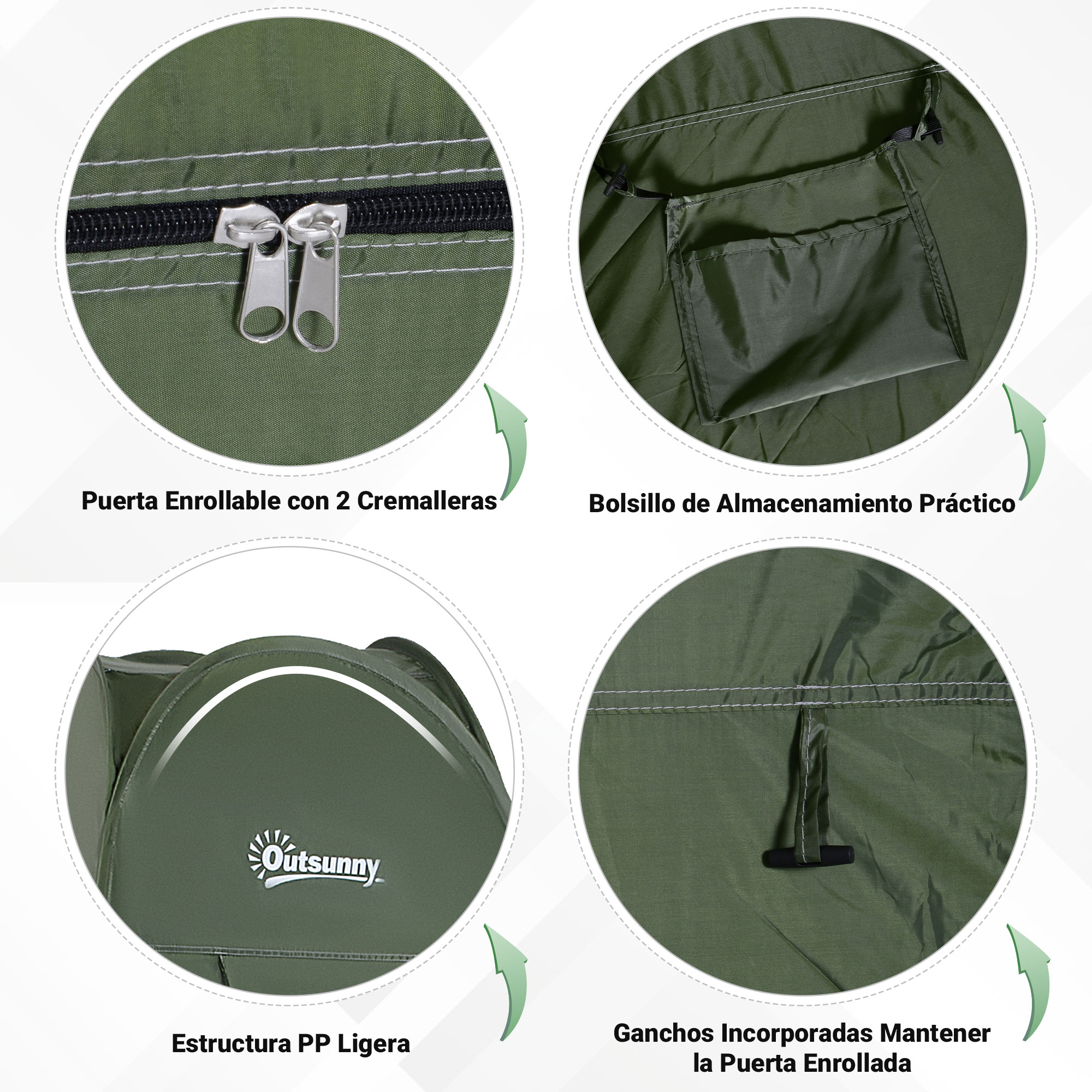 Detalles de tienda verde: cremalleras, bolsillo, logo y ganchos.