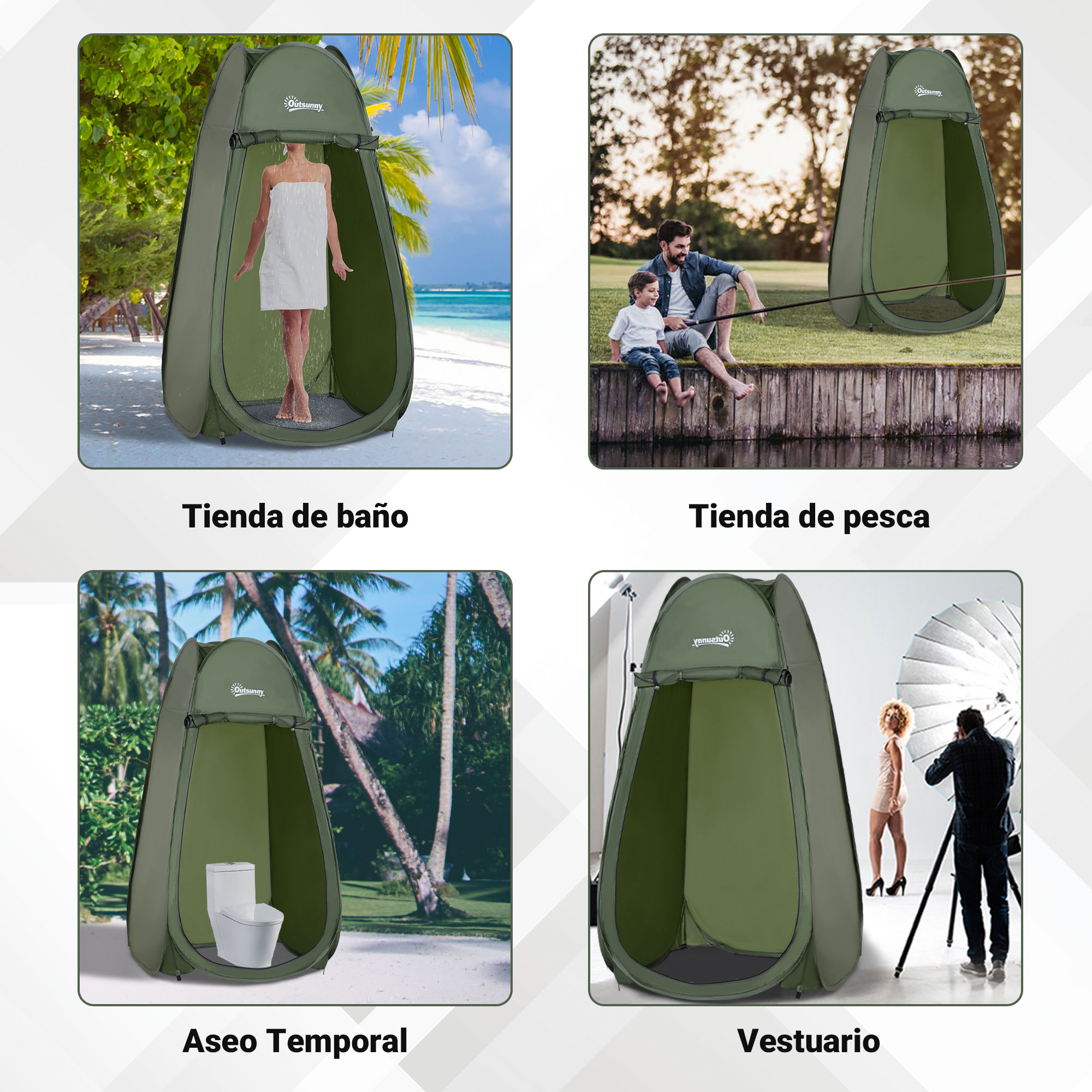 Cuatro carpas verdes: ducha playa, pesca, baño portátil, vestuario.