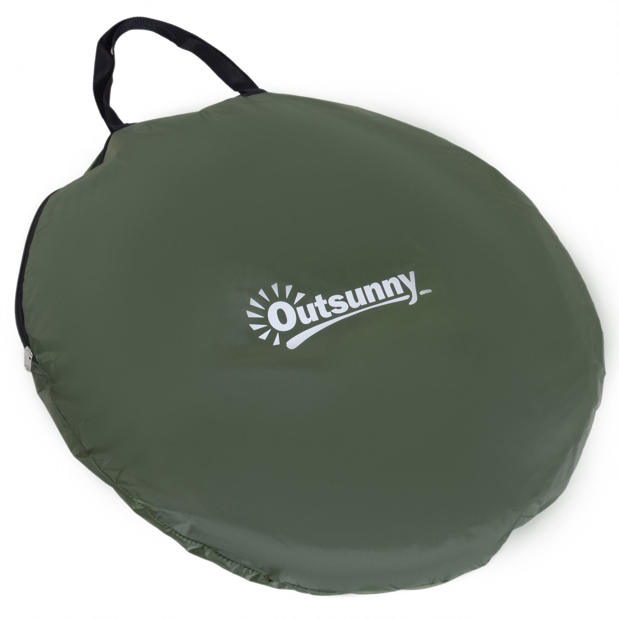 Una bolsa redonda, verde oscuro, con logo blanco y asa negra.