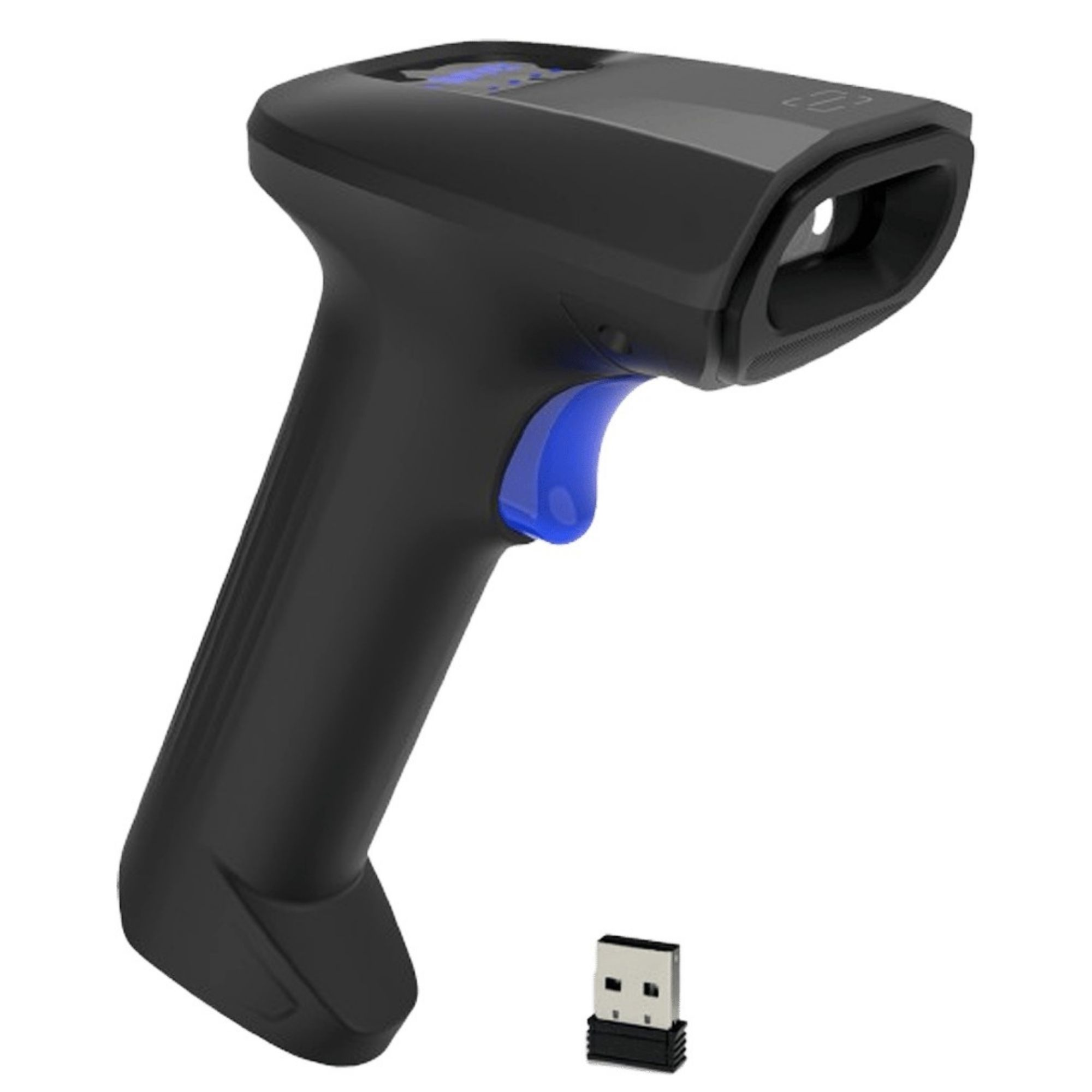 Mavi tetiği ve USB dongle'ı olan siyah barkod tarayıcı.