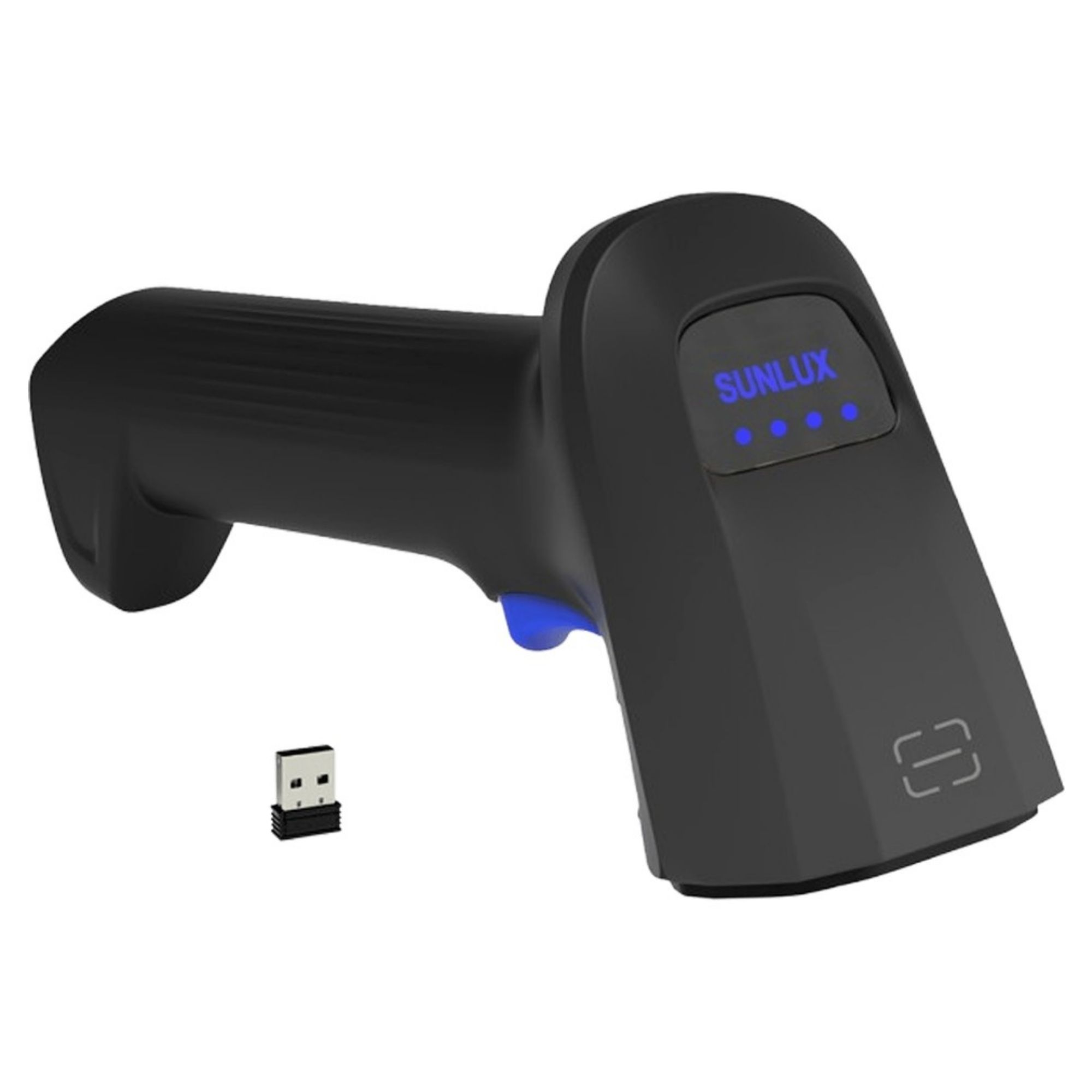 Mavi tetik ve USB dongle'lı siyah barkod tarayıcı.