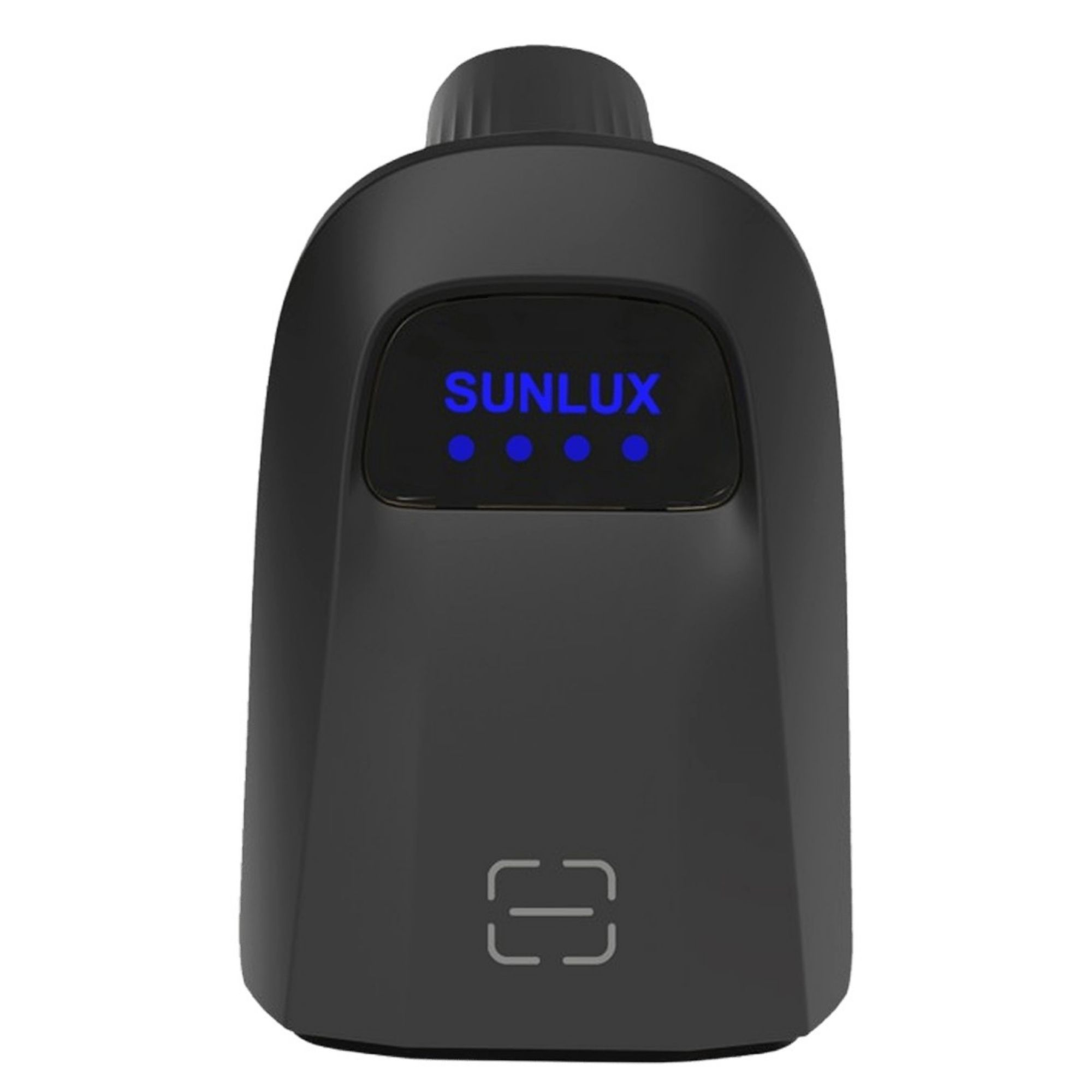 Mavi "SUNLUX" logosu ve dört mavi noktaya sahip siyah elektronik cihaz.