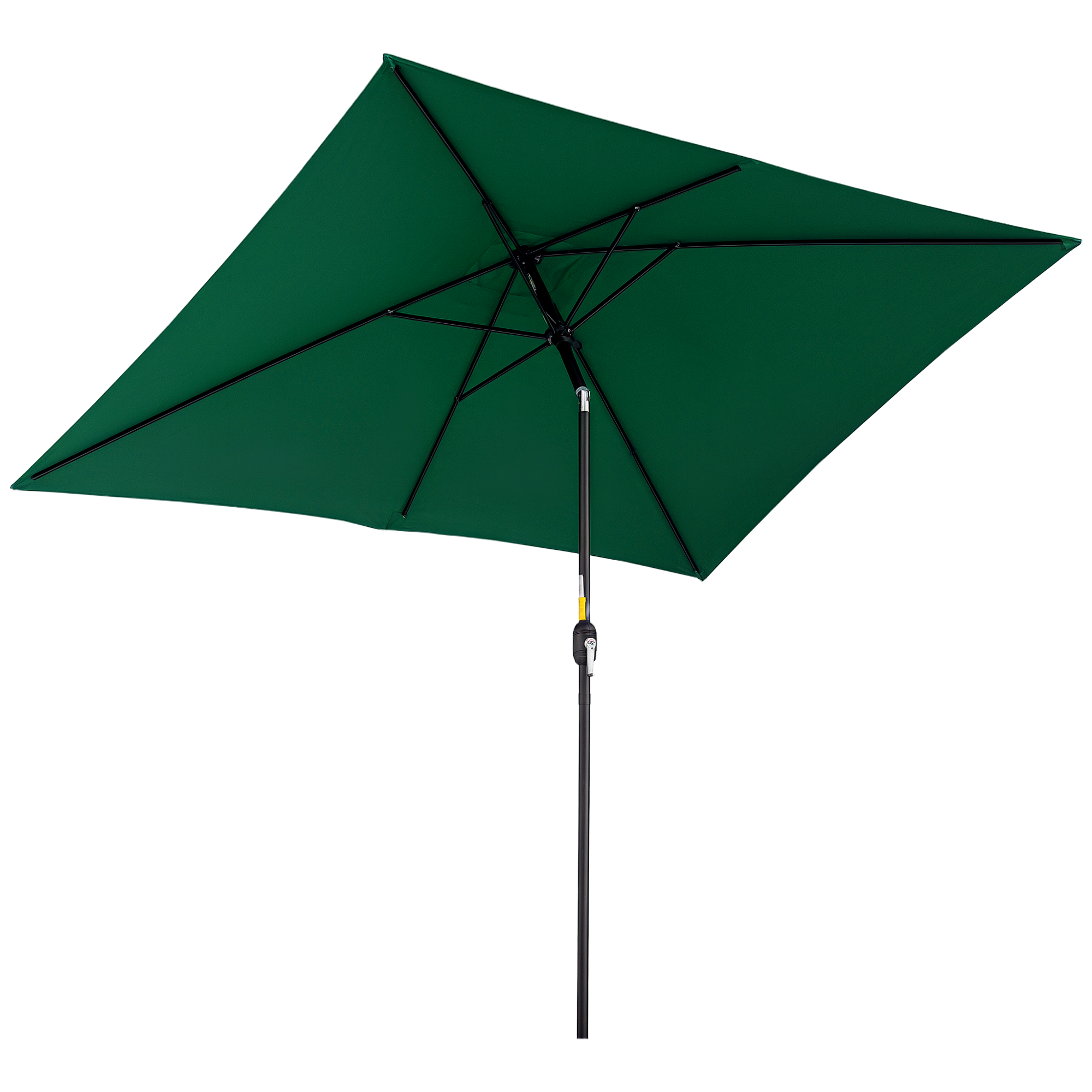 Un ombrello verde rettangolare con telaio e palo neri.