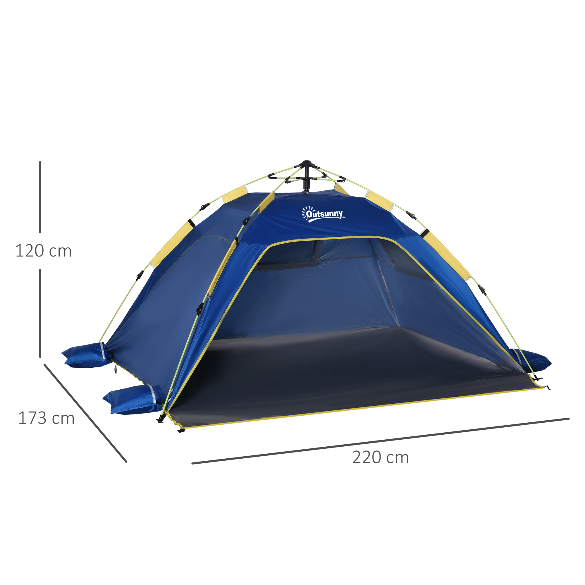 Una carpa azul con detalles amarillos y suelo negro está sobre fondo blanco.