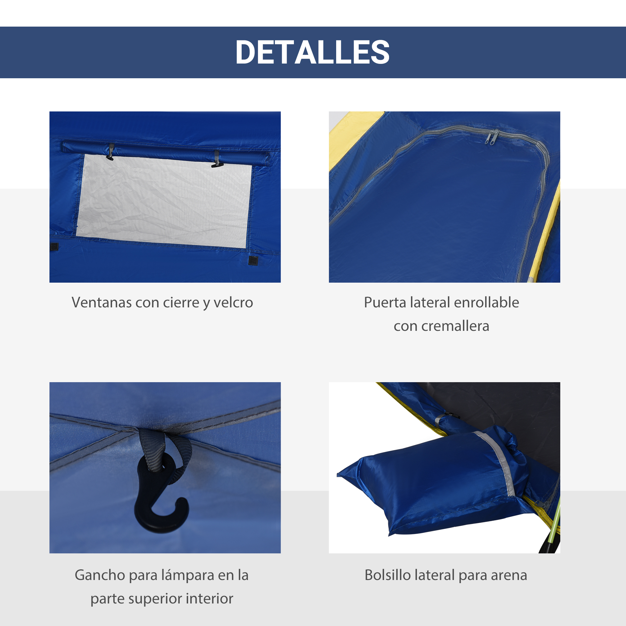Ventana con cremallera y velcro, una puerta, un gancho y un bolsillo.