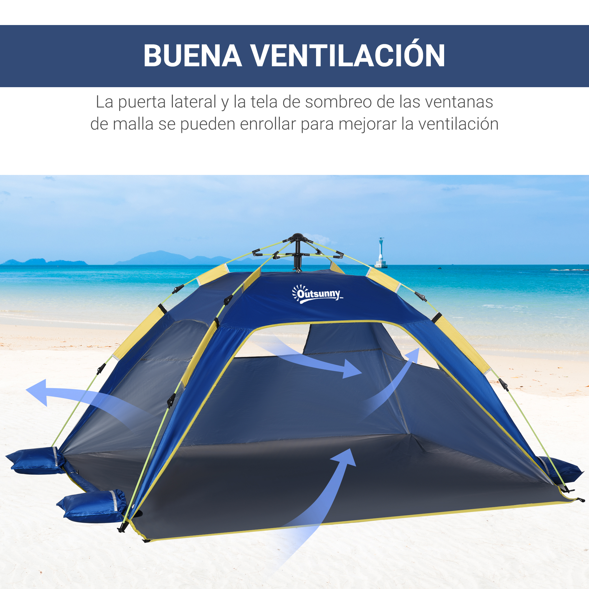 Una tienda azul con detalles amarillos en la playa, mostrando flechas de aire que indican buena ventilación.