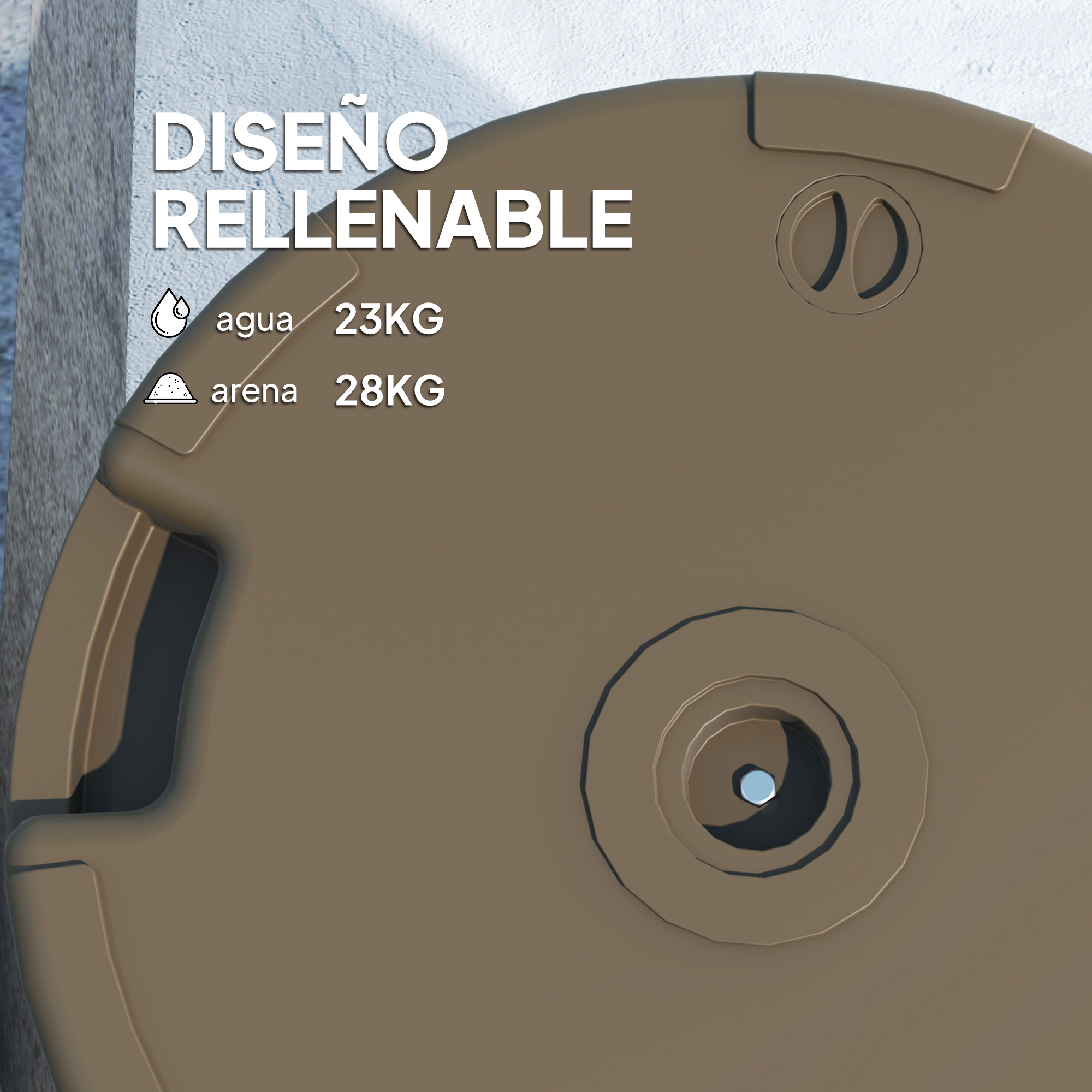 Disco marrón rellenable con texto: Agua 23kg, Arena 28kg.