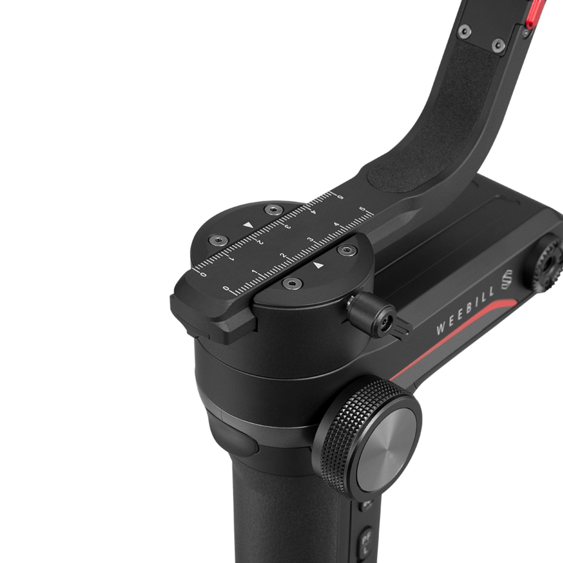 A black gimbal with a scale and knobs, on a white background.