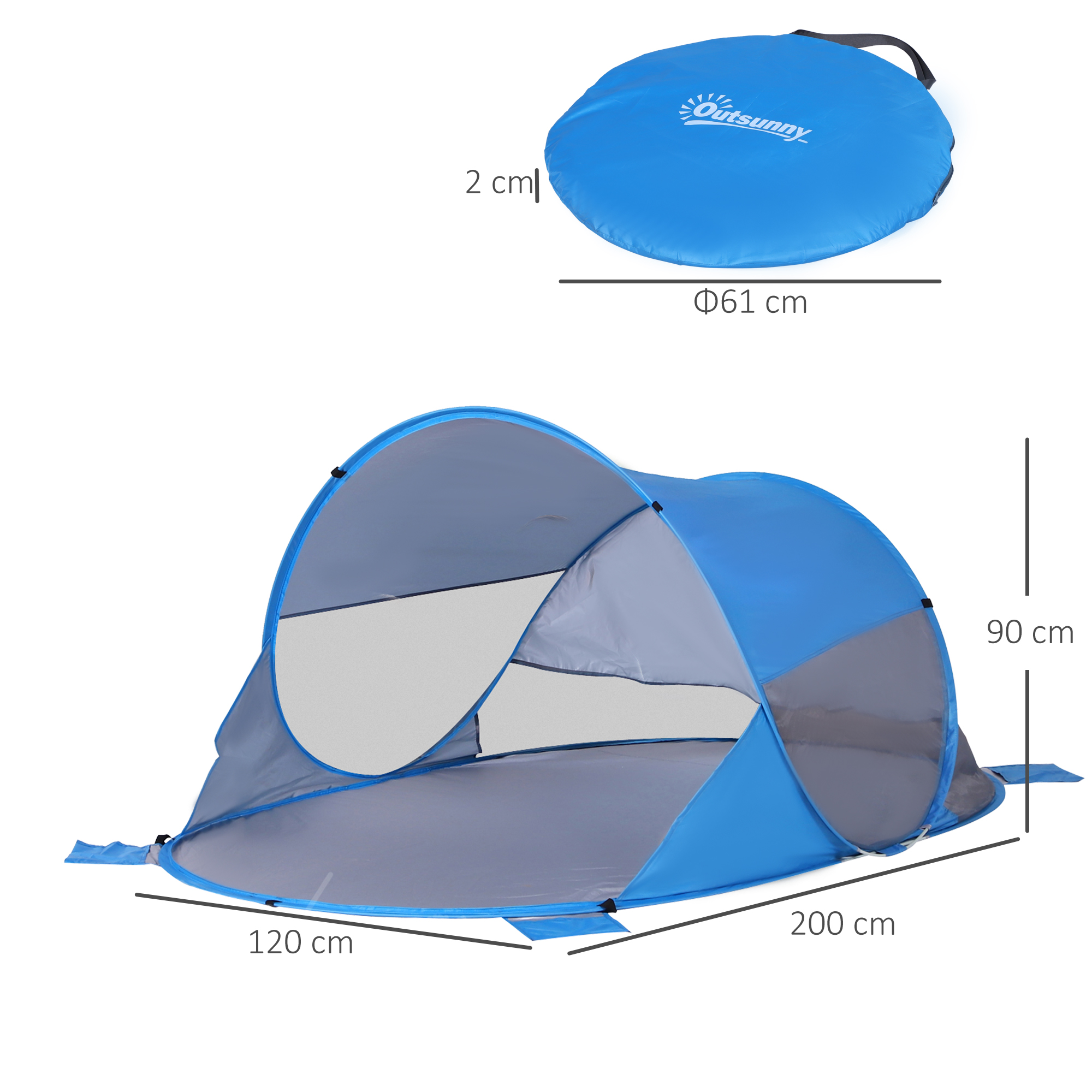 Una carpa pop-up azul con ventanas de malla, dimensiones 200x120x90cm. Arriba: plegada, 61cm diámetro.