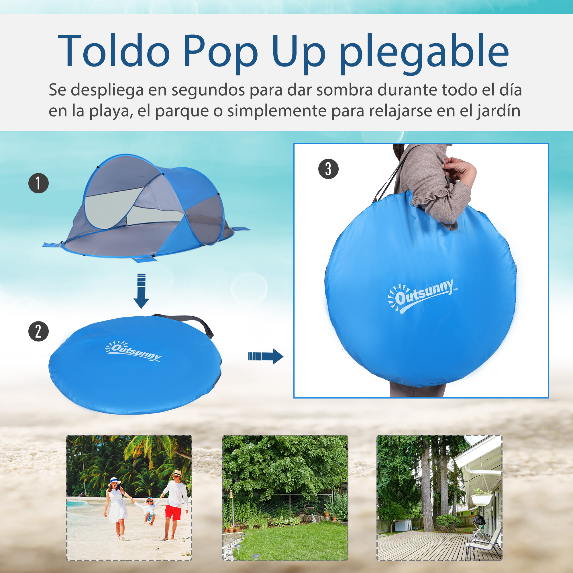 Toldo plegable: 1. desplegado, 2. plegado, 3. transportado. Para playa, parque o jardín.
