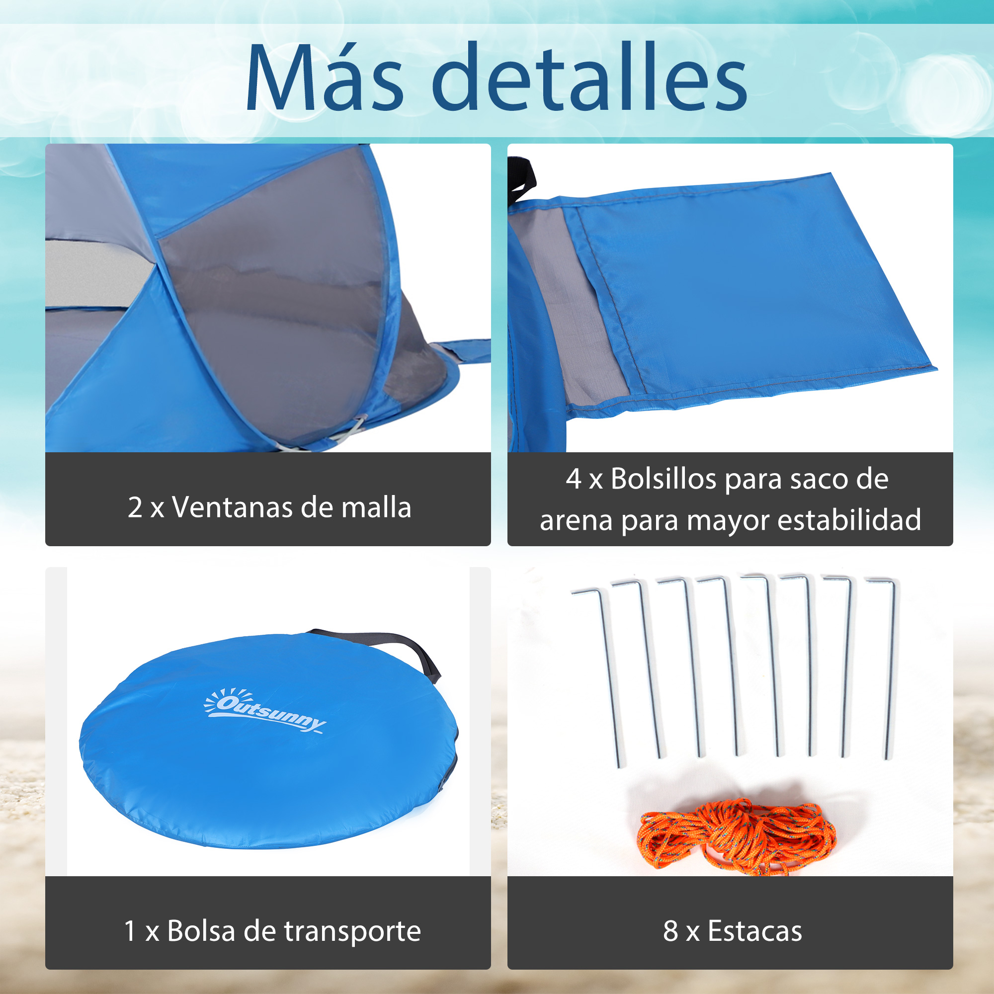 Accesorios para tienda de playa azul: ventanas de malla, bolsillos de arena.