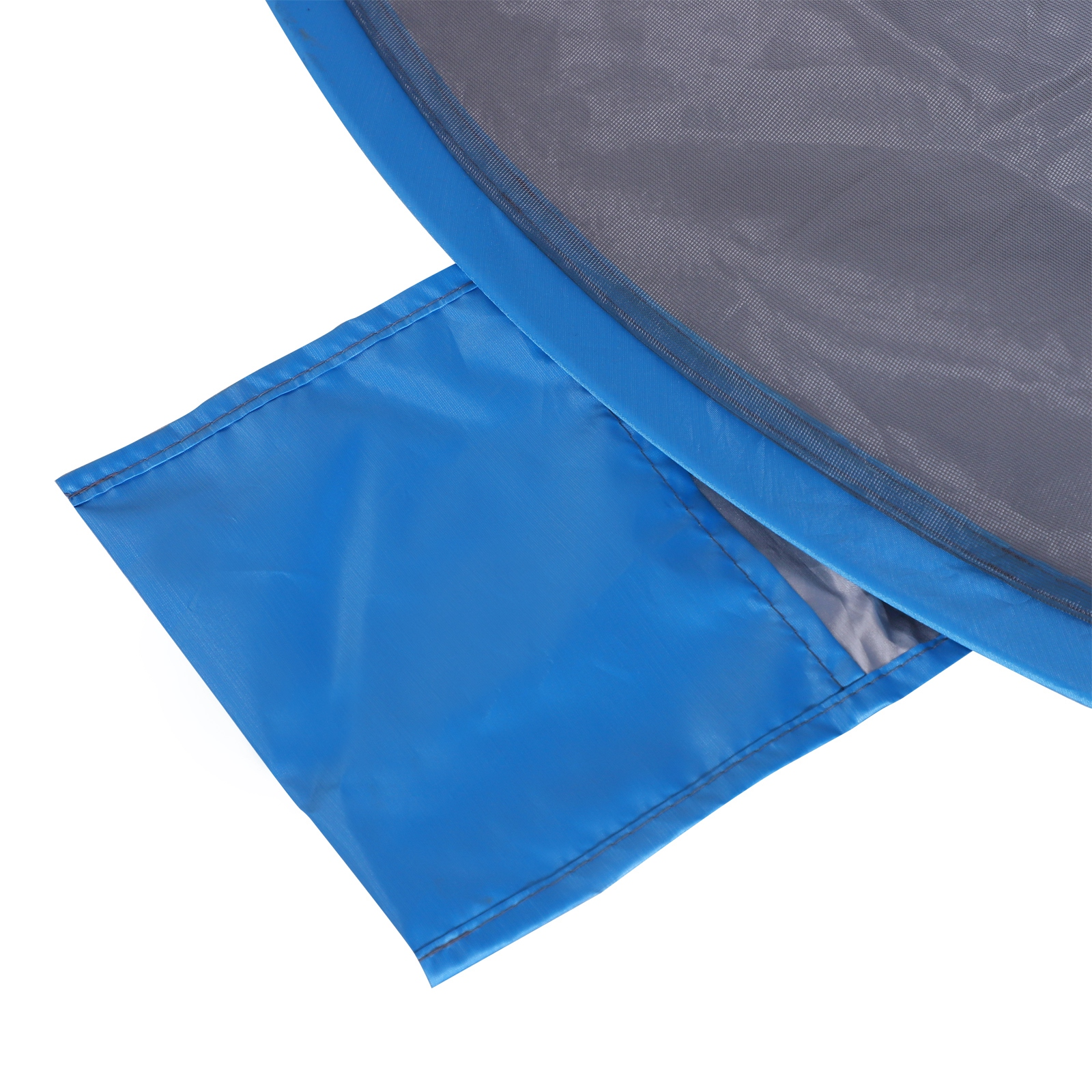 Tela azul con costuras junto a tela de malla gris con borde azul.
