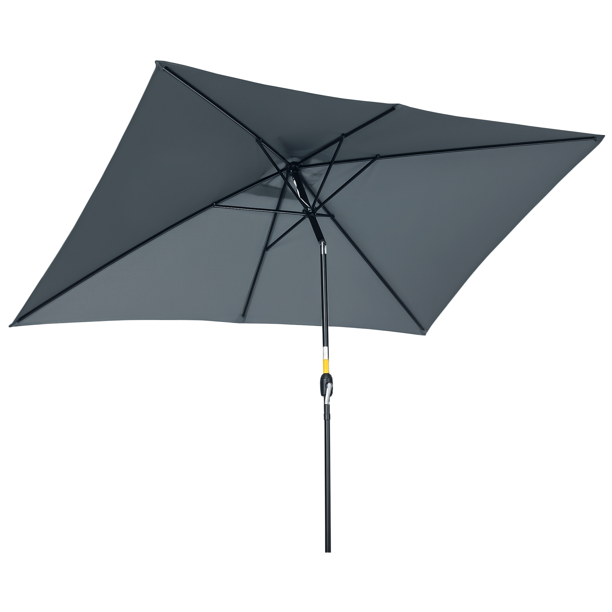 Un ombrellone rettangolare grigio con telaio nero.