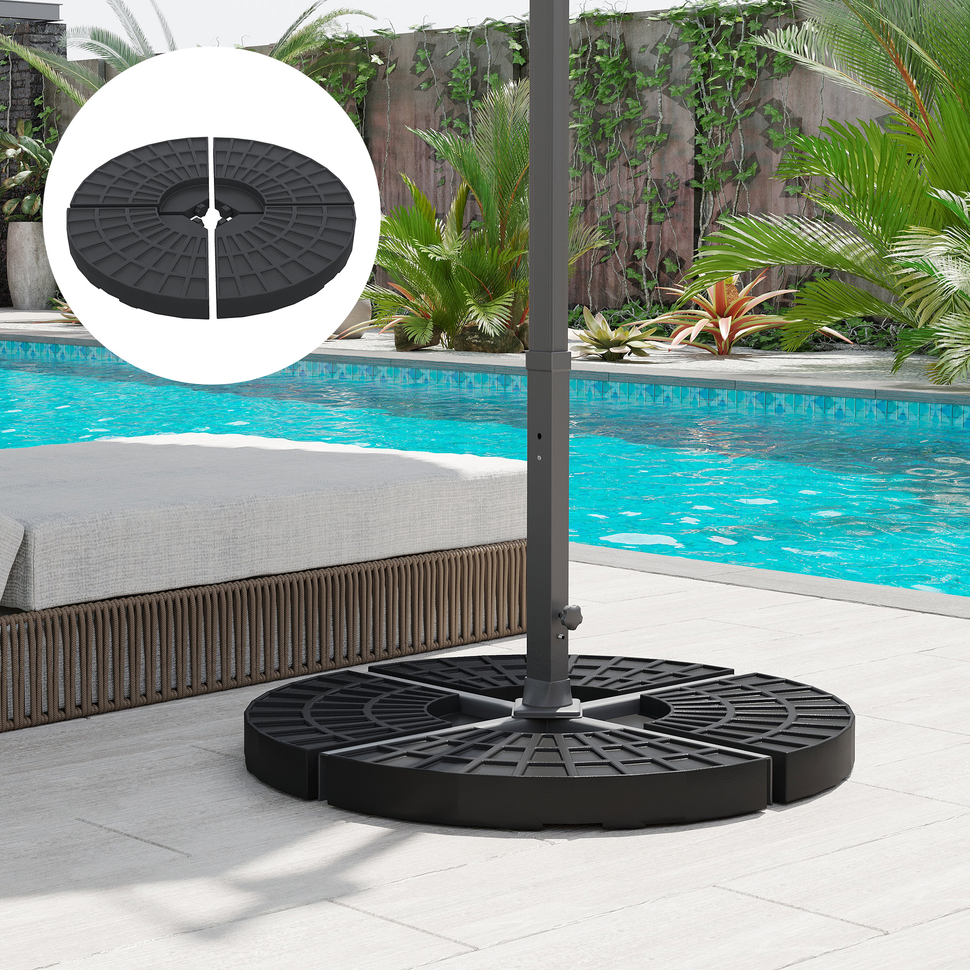 Cuatro bases negras para sombrilla de patio dispuestas alrededor de un poste, junto a una piscina.