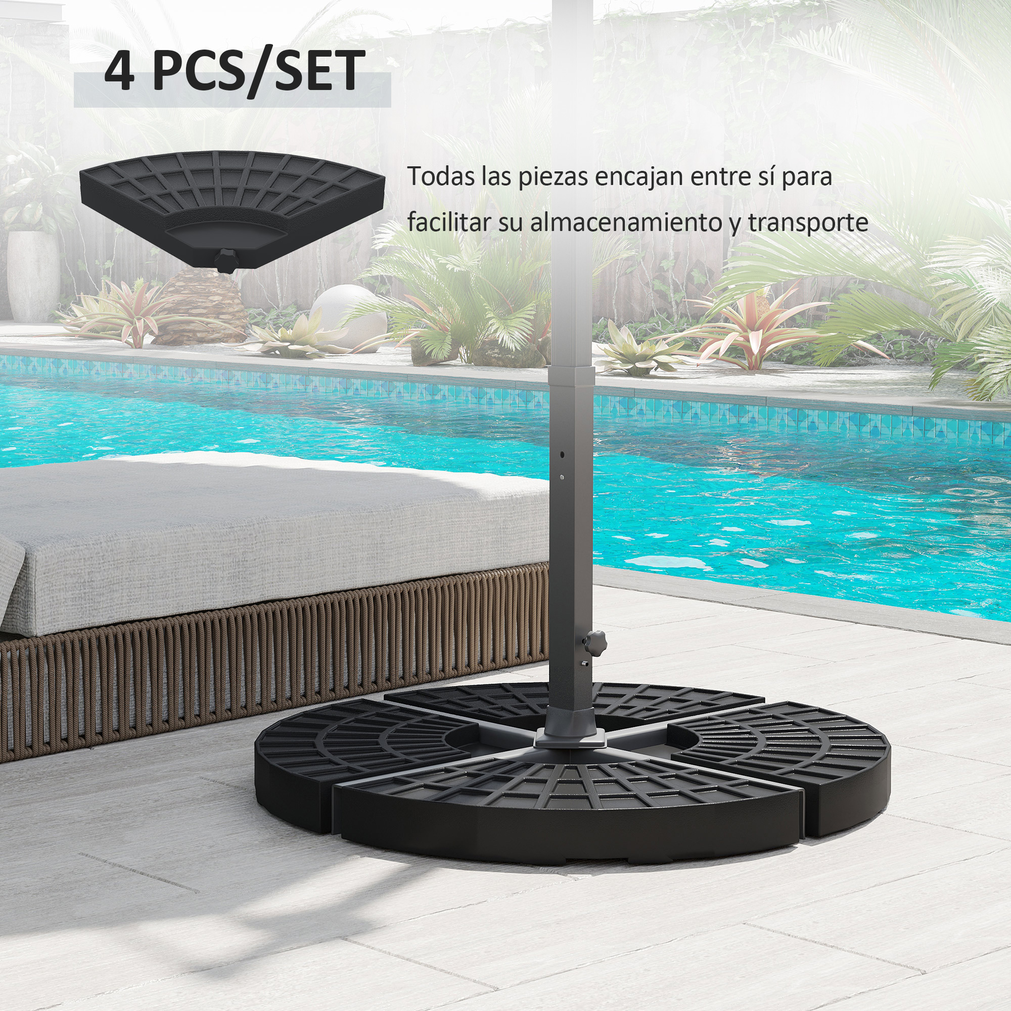 Cuatro bases negras segmentadas para sombrillas de patio, mostradas montadas.