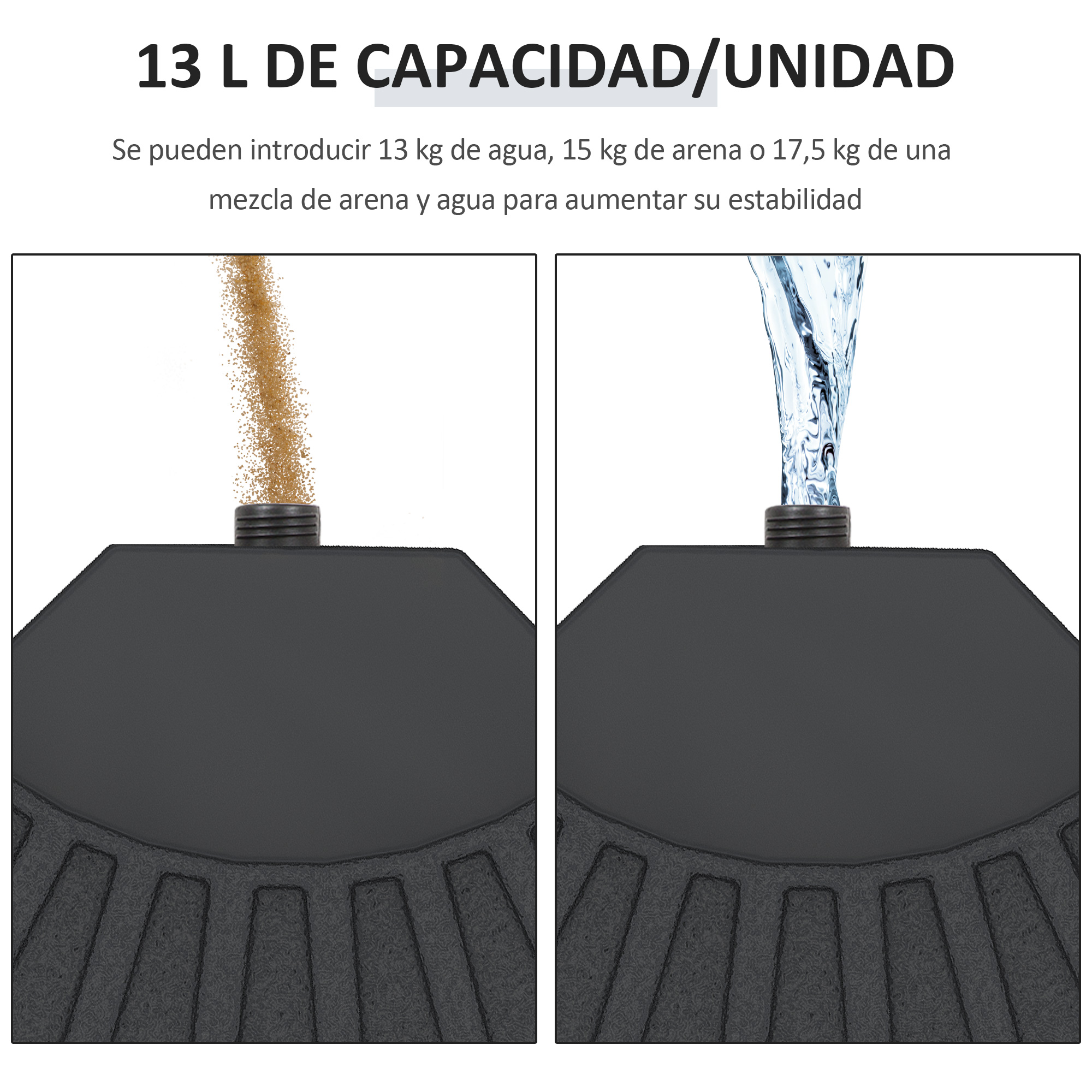 Arena y agua se vierten en contenedores negros para añadir estabilidad.