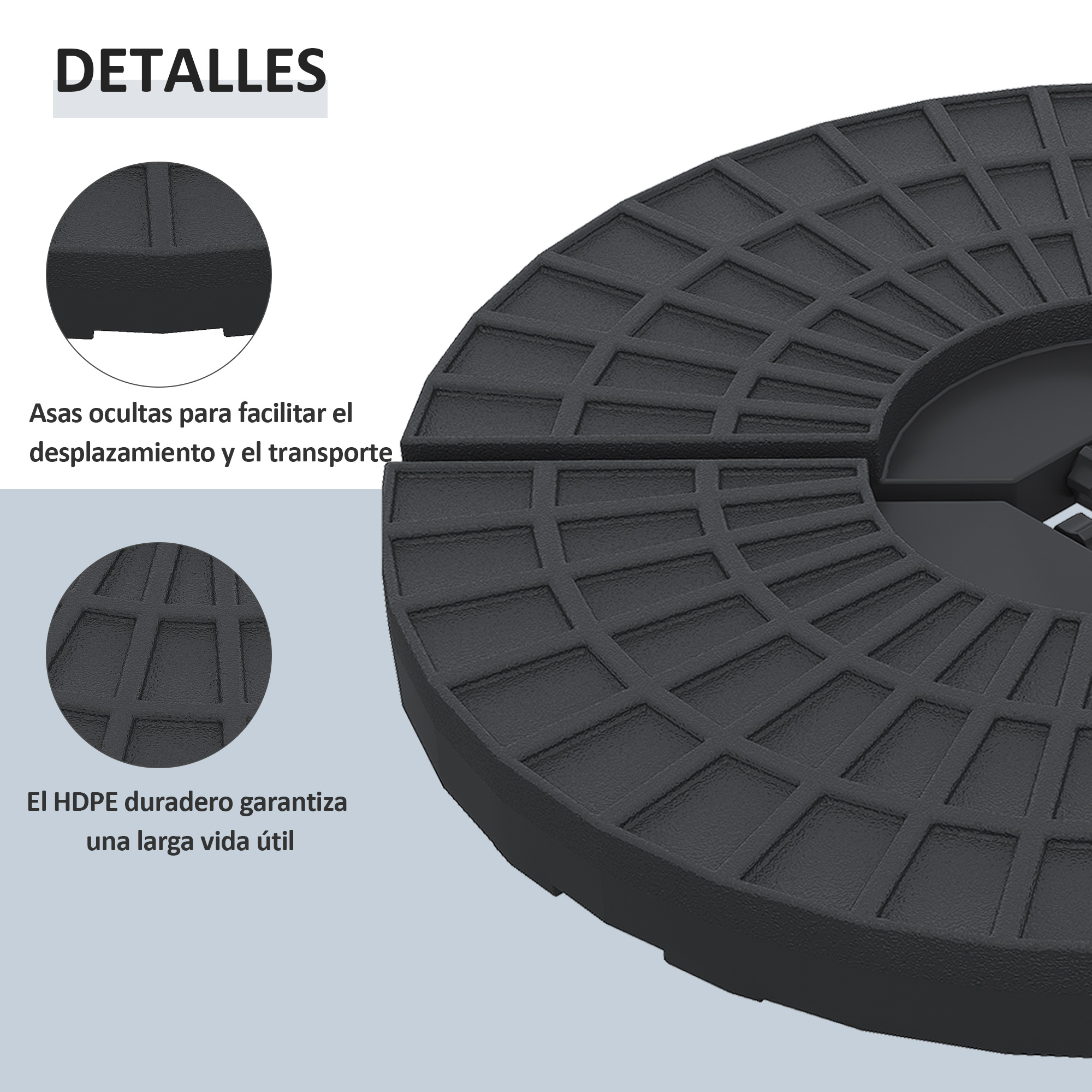Base negra de HDPE con ranuras texturizadas y asas ocultas para fácil transporte.
