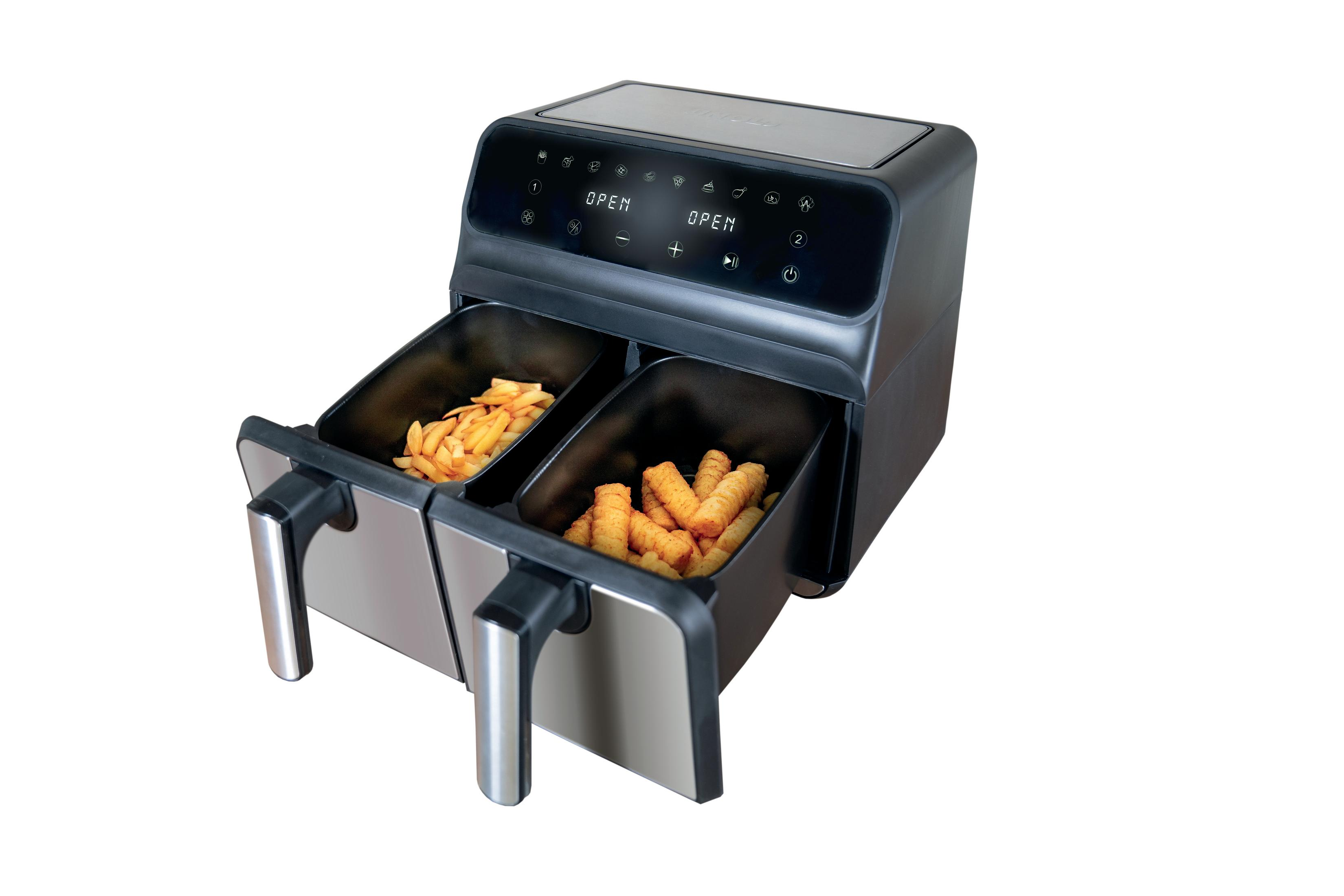 Podwójna frytkownica beztłuszczowa z frytkami i krokietami w szufladach.