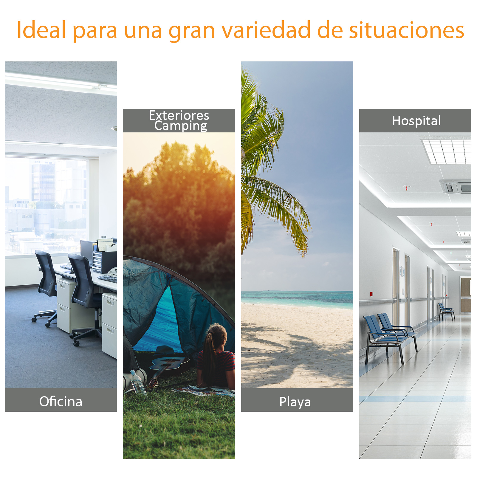Collage de imágenes: oficina, camping, playa y pasillo de hospital.