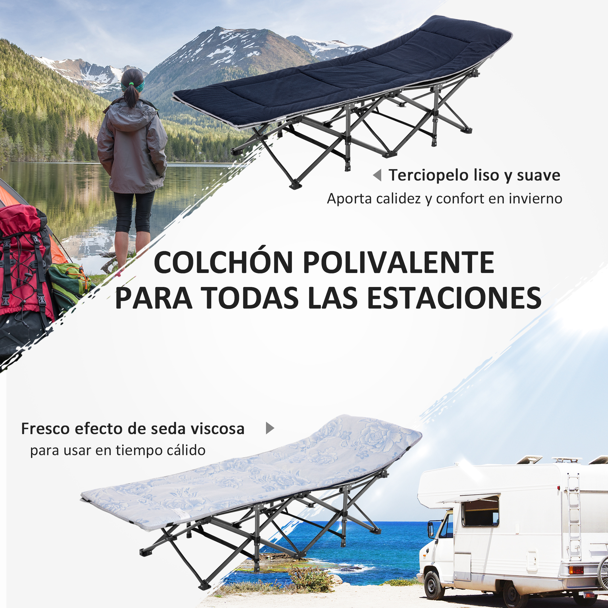 Una cama plegable en paisaje de montaña y junto al mar con autocaravana.