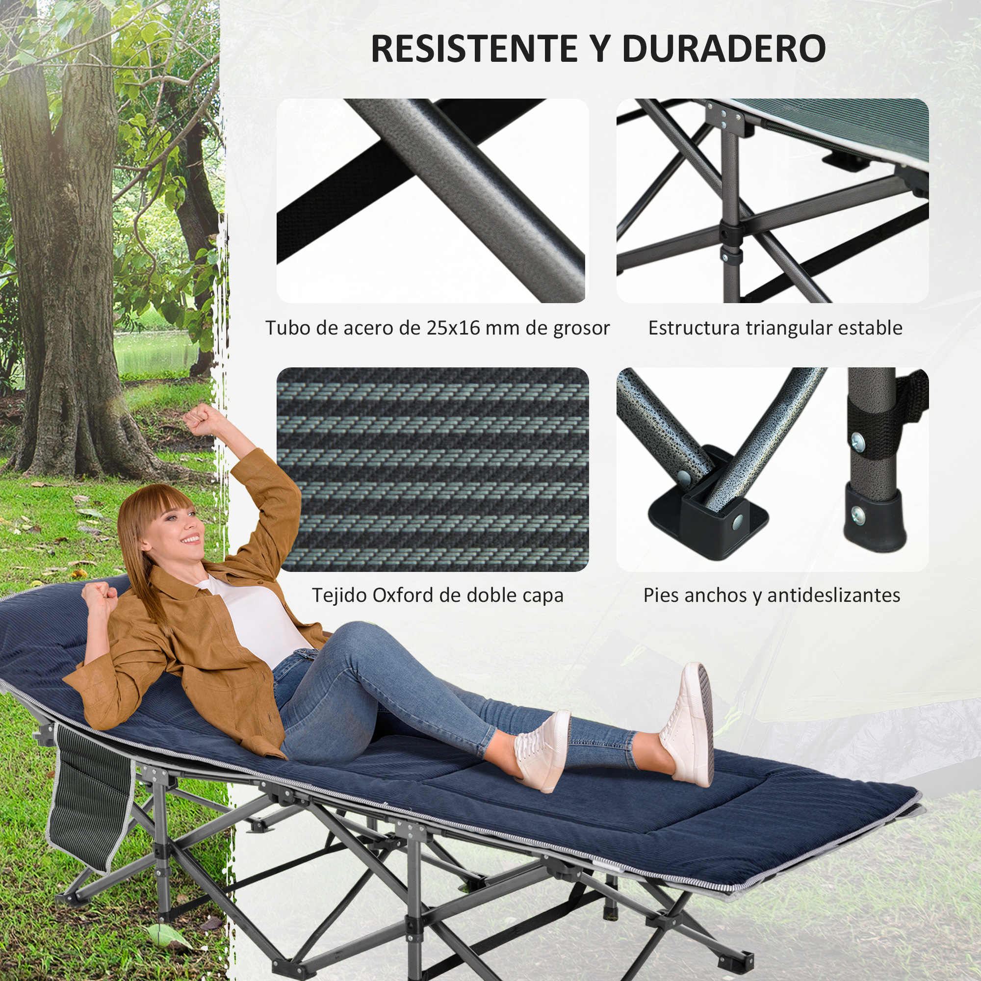 Una mujer se relaja en una cama de camping azul al aire libre. Primeros planos resaltan sus características.