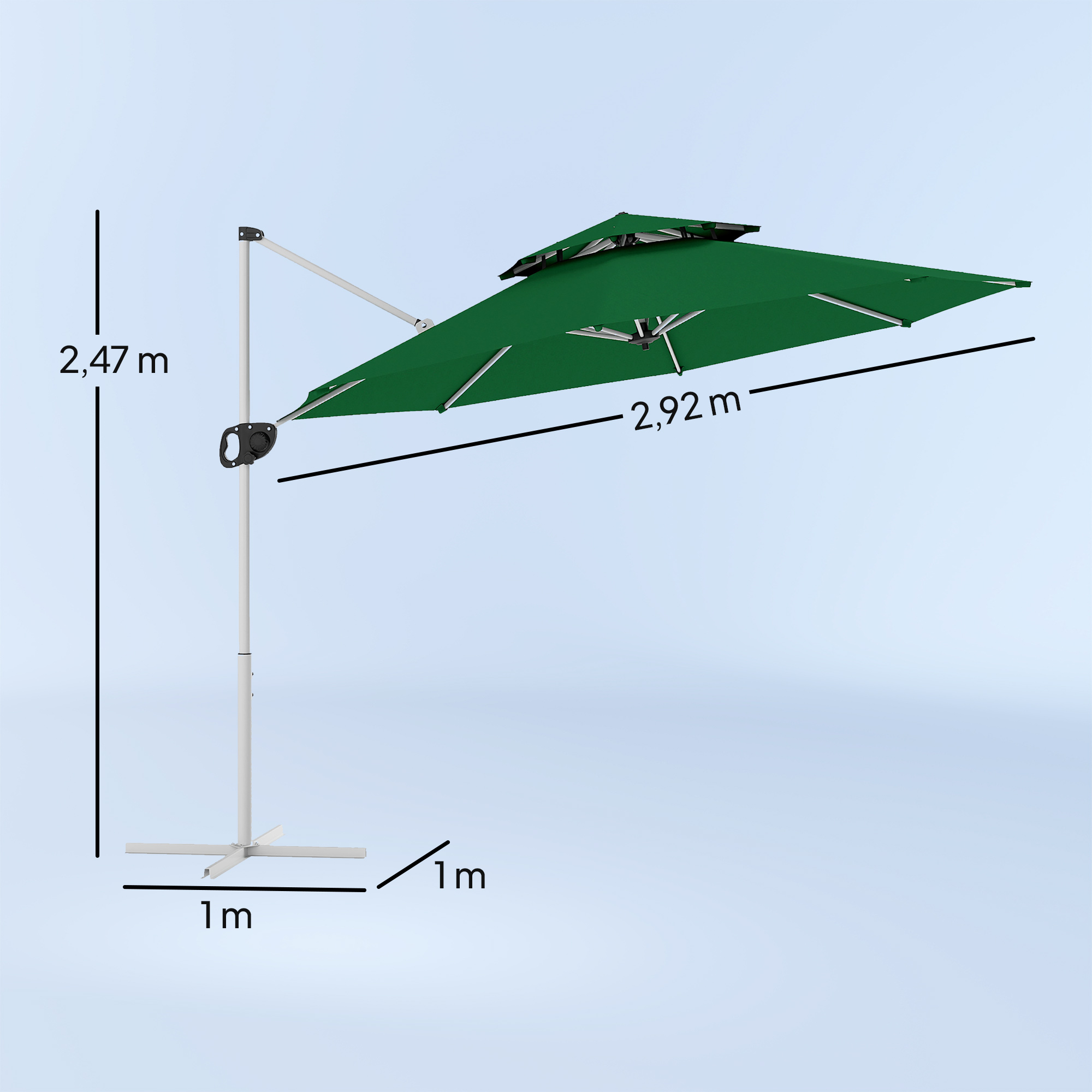 Un parasol voladizo verde con soporte blanco y dimensiones.