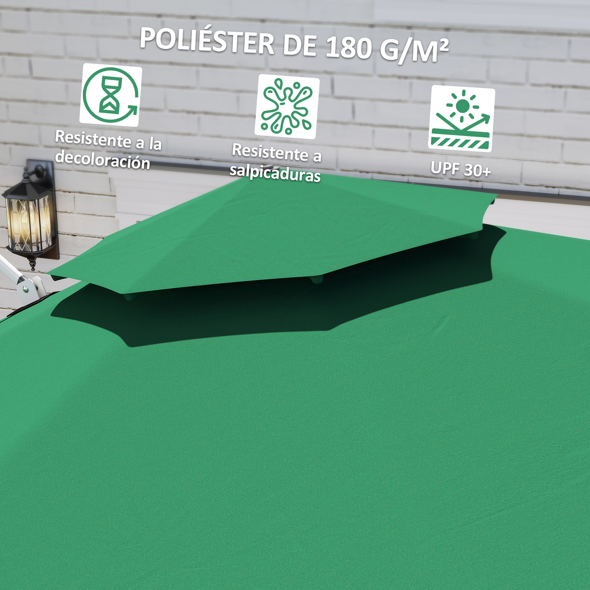 Tejido verde de poliéster para sombrilla (180 g/m²), UPF 30+, resistente.