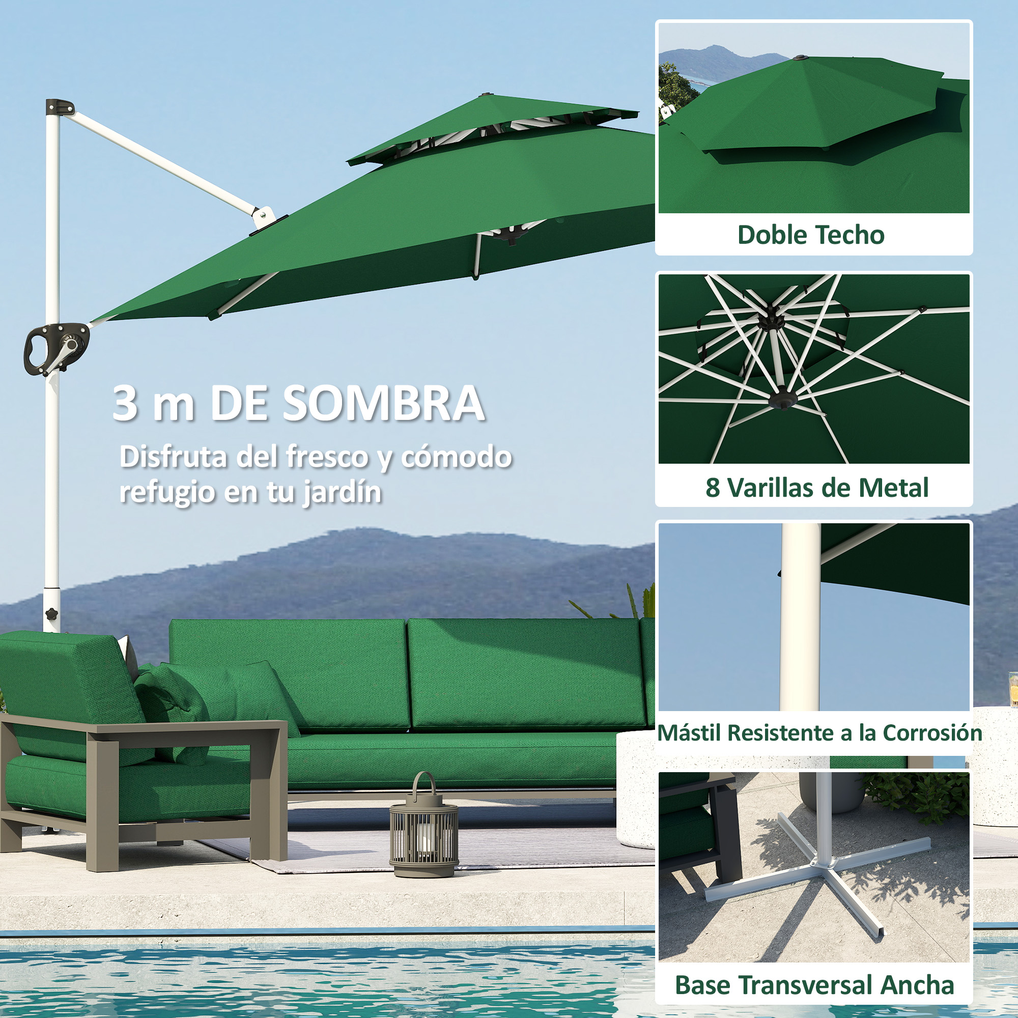Parasol voladizo verde de doble capa sobre muebles de patio junto a piscina.