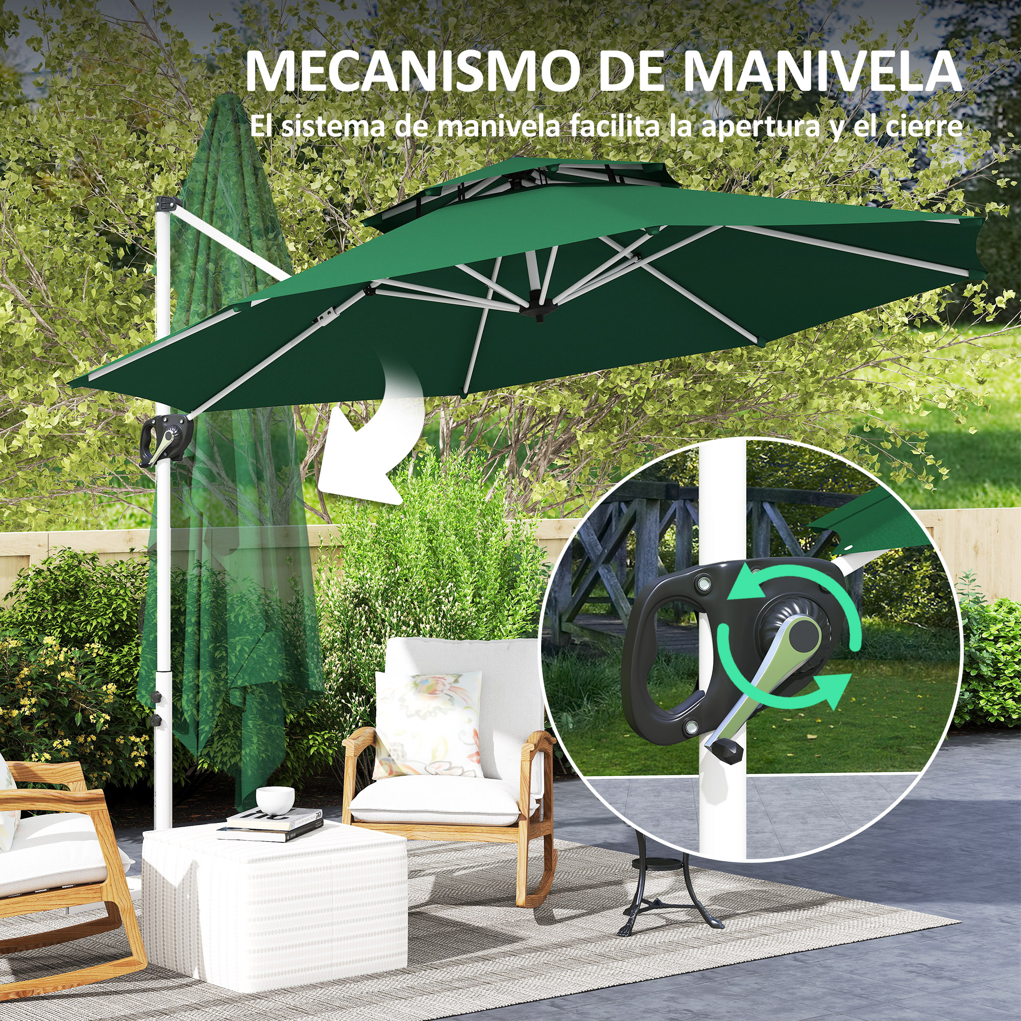 Un parasol verde con mecanismo de manivela se alza en una terraza.