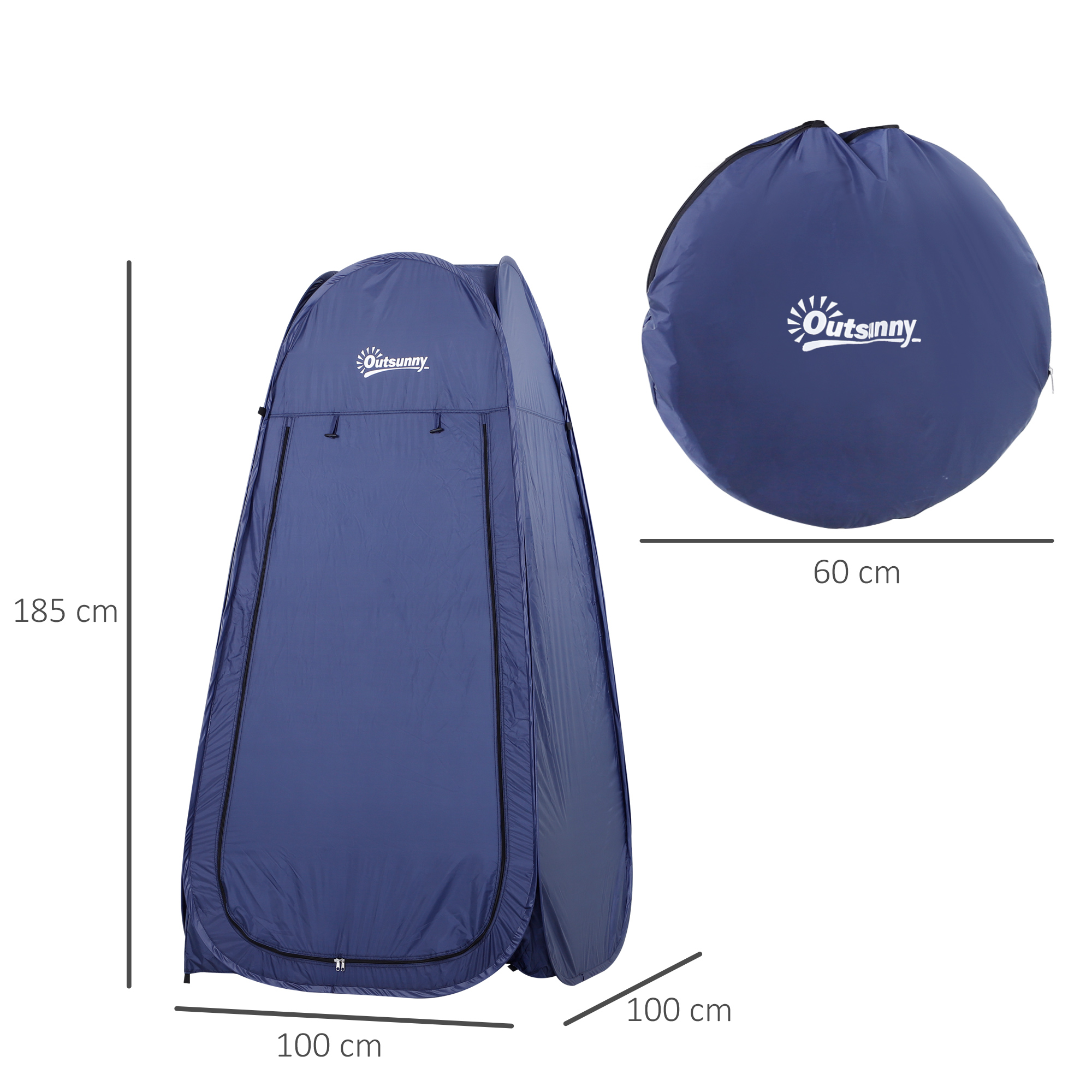 Tienda de ducha azul emergente con cremallera y dimensiones.