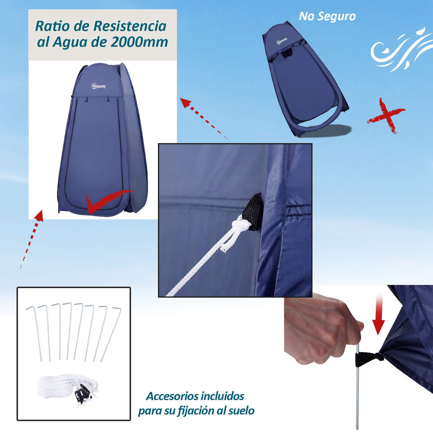 Tienda azul oscura con accesorios. Resistencia al agua 2000mm. No seguro con viento.