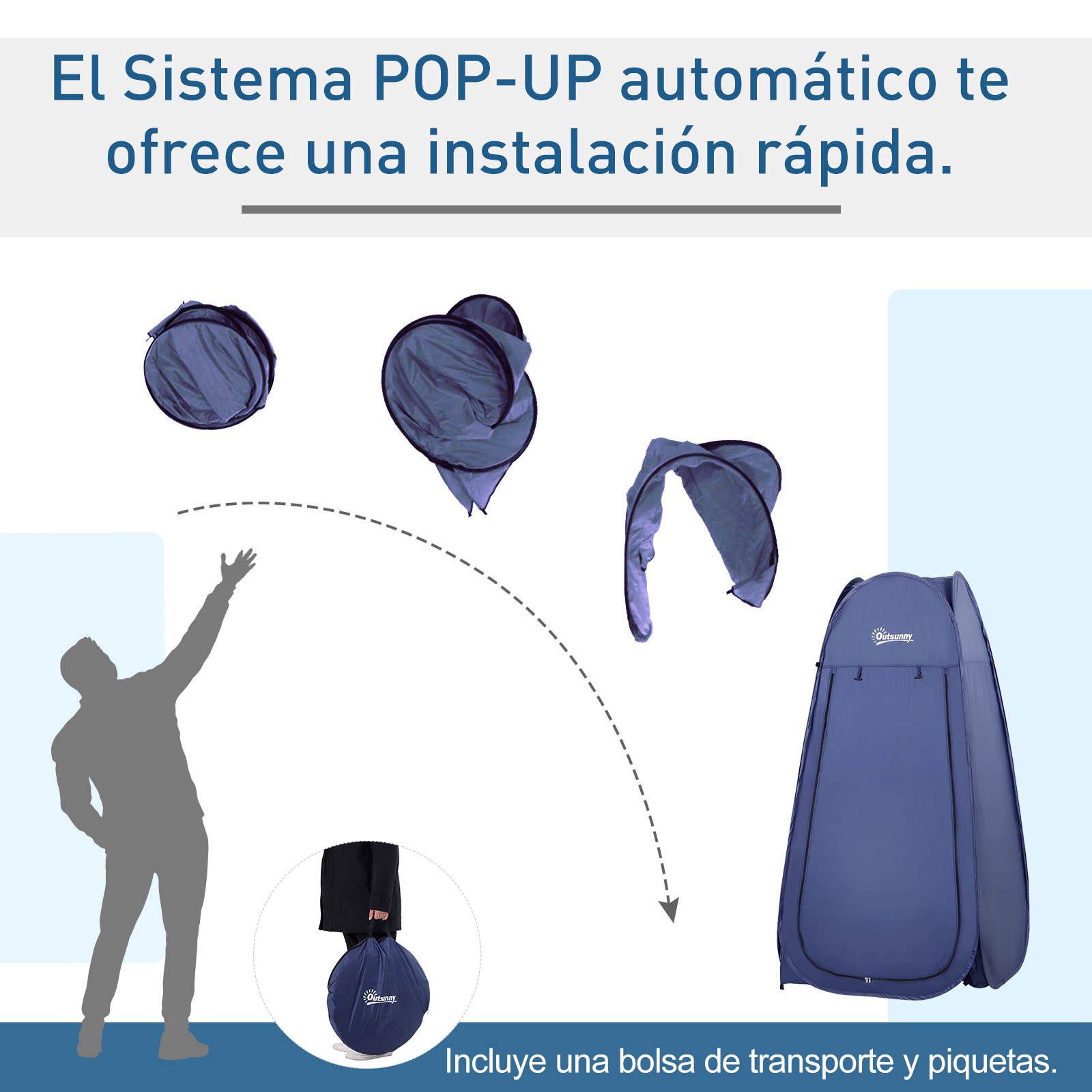 Un hombre lanza un refugio pop-up azul, desplegándose en una tienda.