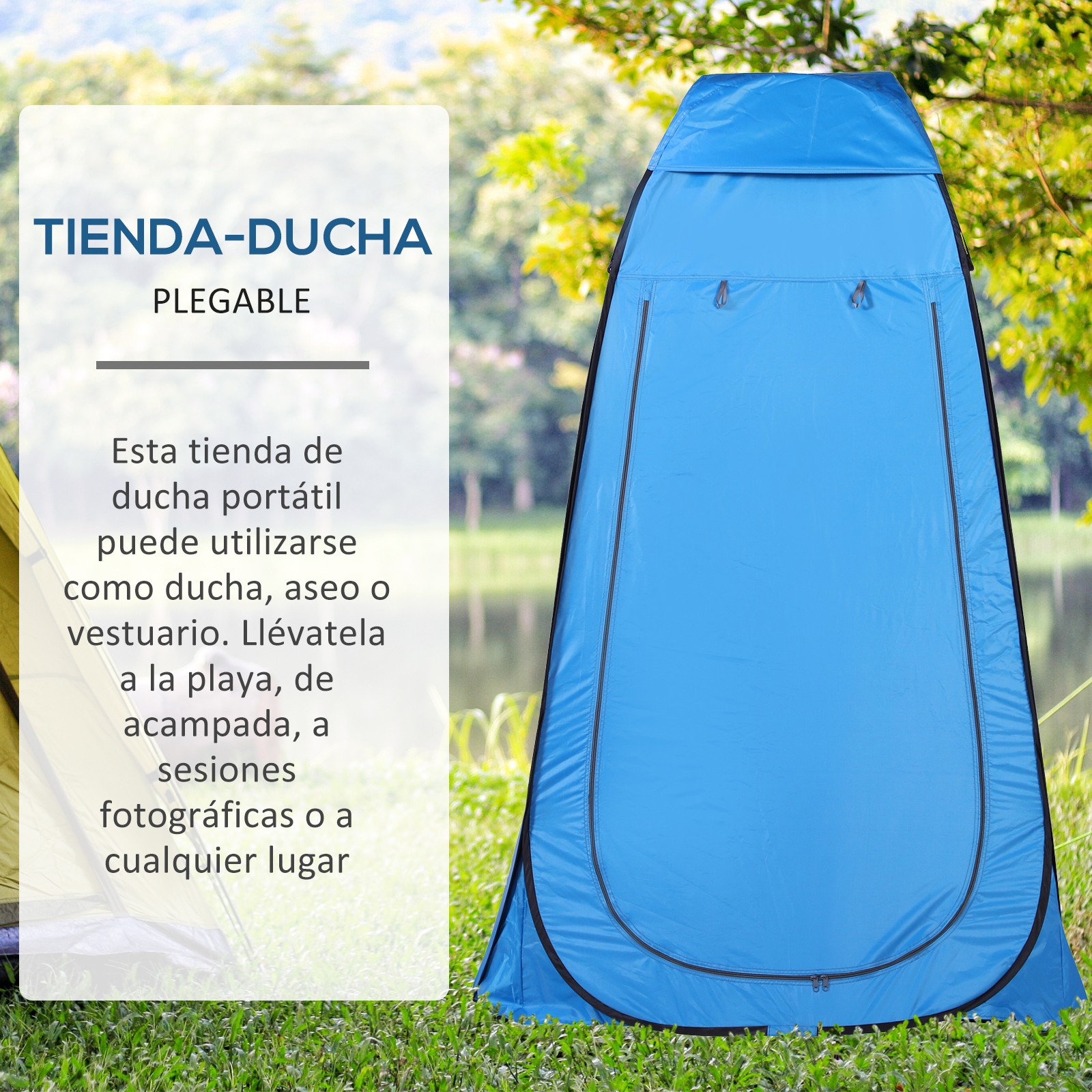 Tienda de ducha azul al aire libre sobre césped con árboles de fondo.