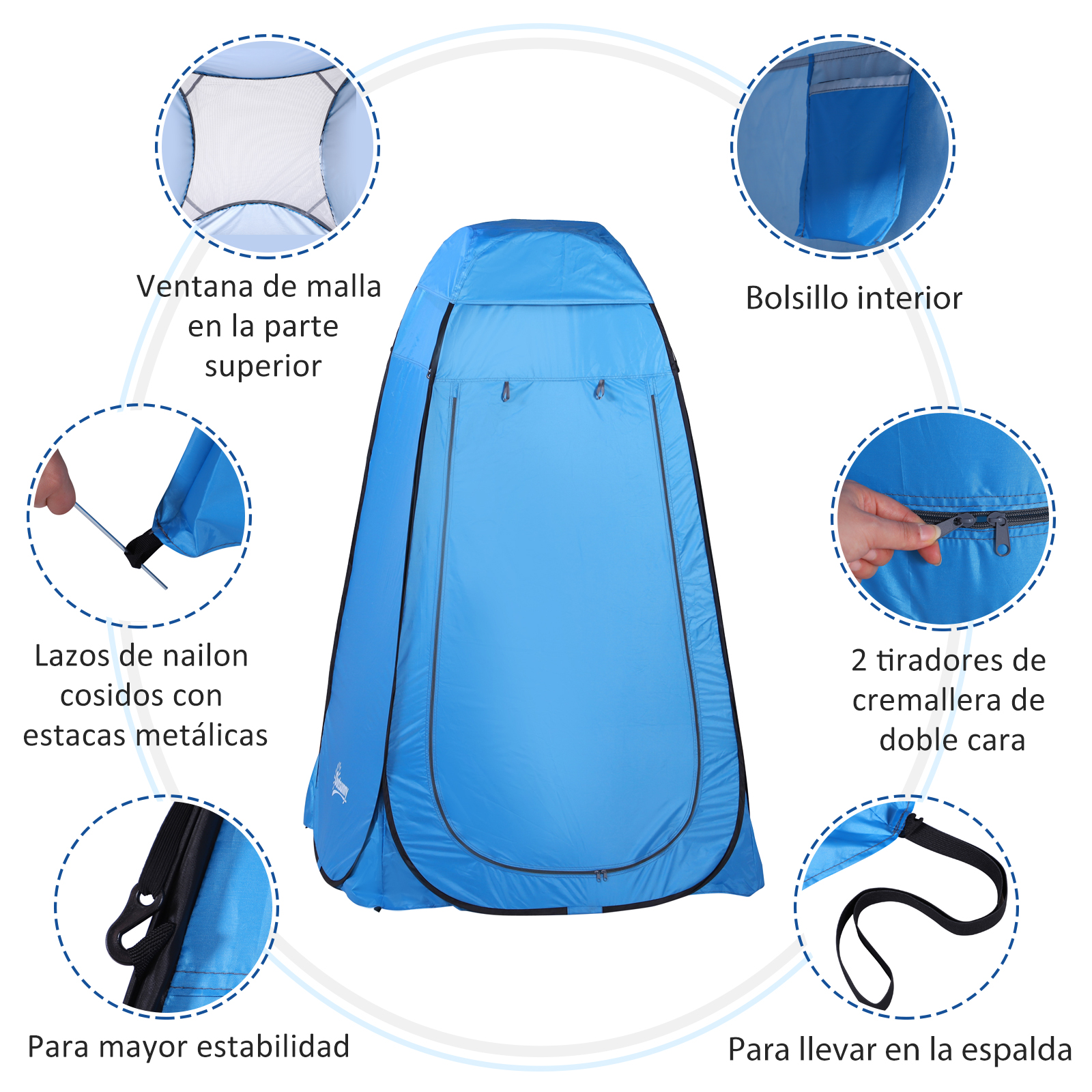 Una carpa azul con ventana de malla, bolsillo interior, cremalleras dobles y correa.