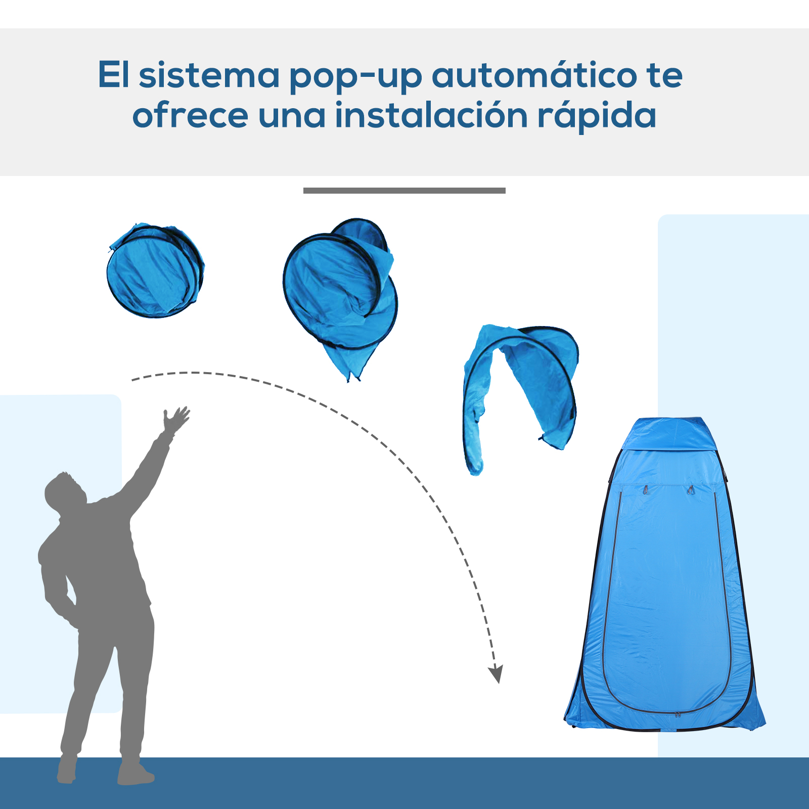 Un hombre señala una carpa azul desplegable en varias etapas de montaje.