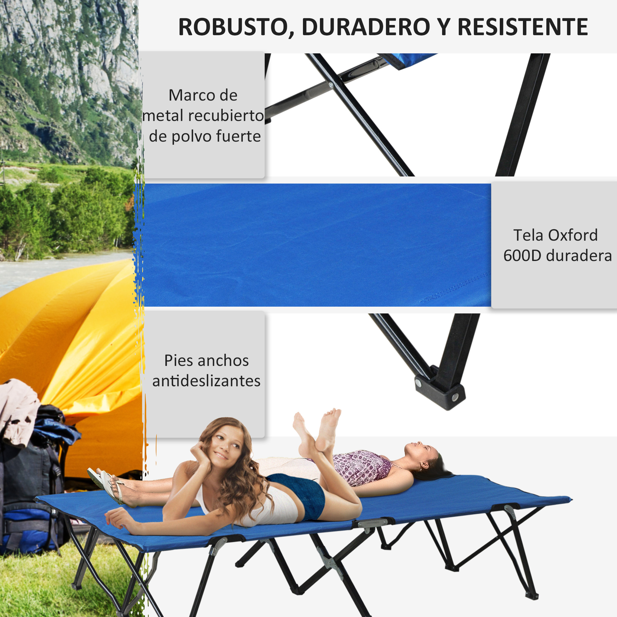 Una camilla de camping robusta con tela azul y marco de metal, al lado una mujer.