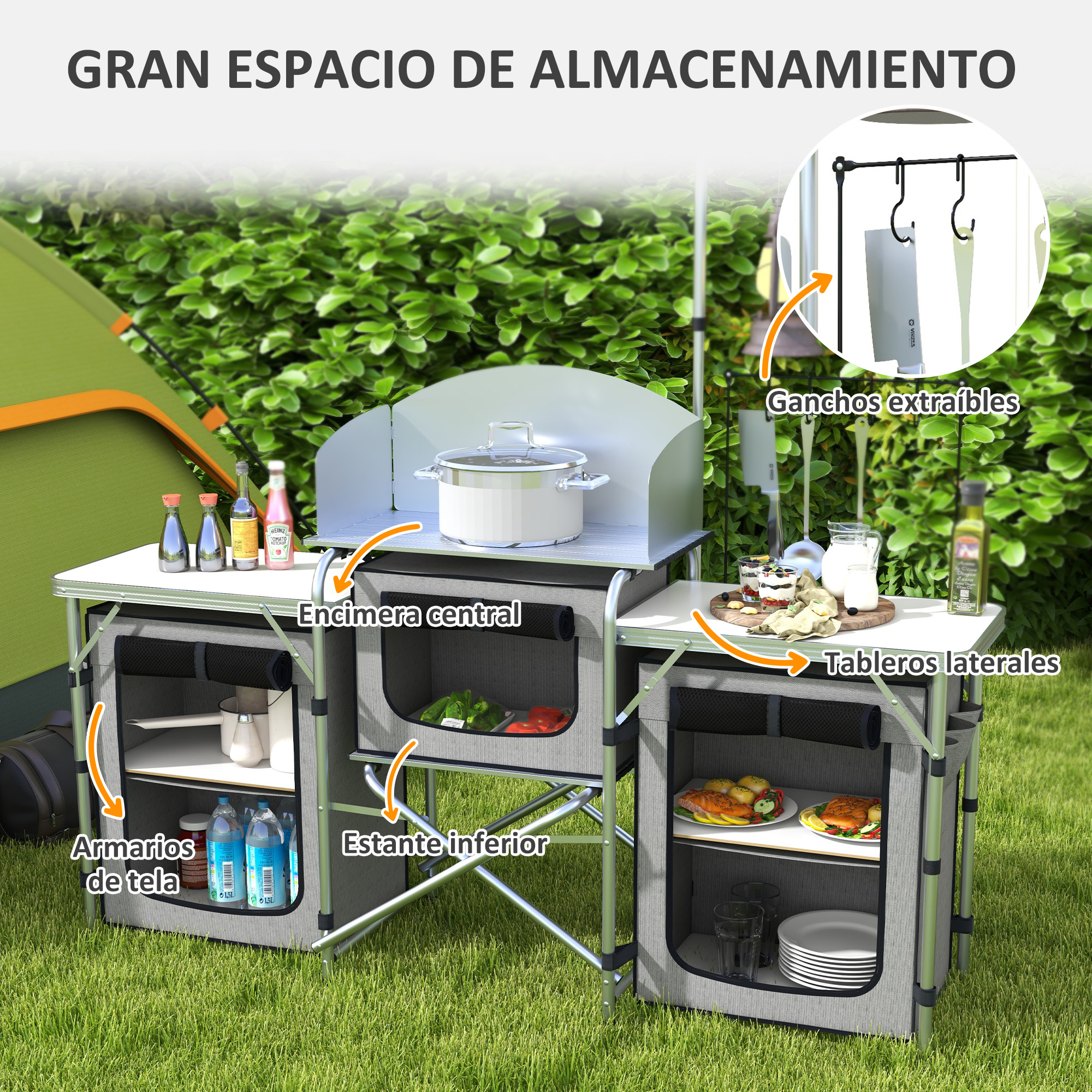 Un mueble de cocina exterior con olla, botellas, platos y alimentos.