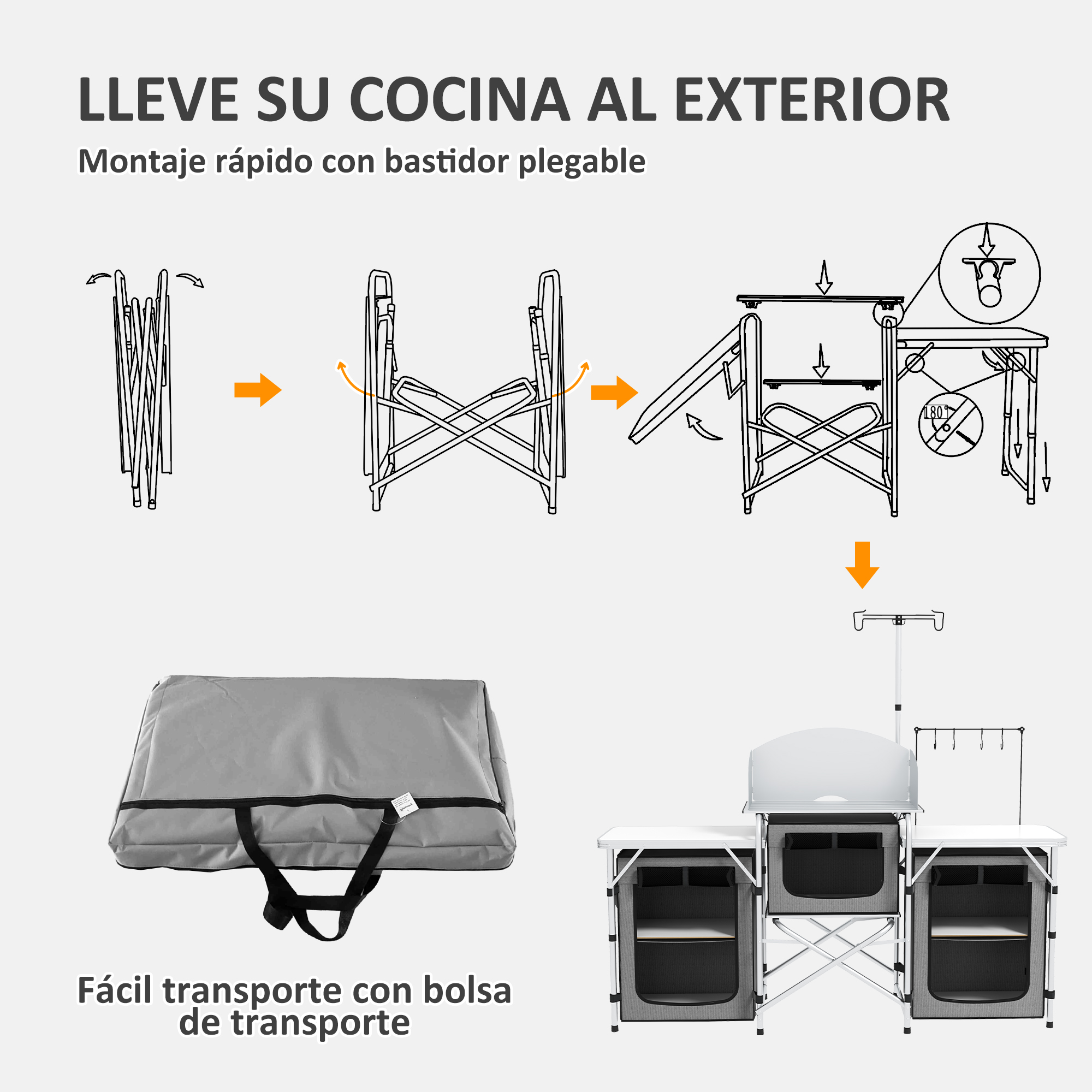 Instrucciones para montar una cocina exterior plegable con bolsa.